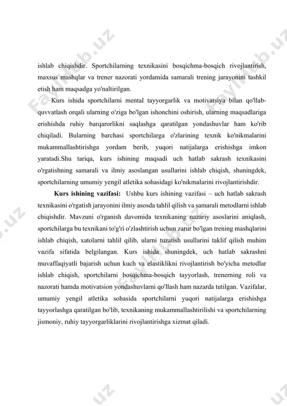 chda, ya'ni start bosqichida, sportchi ko'proq tezlik va kuchni to'plashga harakat qiladi. bu bosqichda, sportchi start pozitsiyasidan chiqib, yugurishni boshlaydi va uchinchi hatlabga qadar bunday tezlikni saqlab qolish uchun zarur bo'lgan barcha omillarni o'rganadi. to'g'ri boshlang'ich pozitsiya va tezlikni oshirish uchun kerakli muskullarni faollashtirish zarurdir. keyingi bosqichda sportchi uchinchi hatlabni amalga oshirishi uchun zarur bo'lgan kuchni va elastikligini oshiradi. bu bosqichda, sportchi havoda bo'lib, mushaklar va skeletni moslashtirishi va maksimal balandlikni olishga harakat qilishi kerak. texnik nuqtai nazardan, uch hatlab sakrashda maksimal balandlikni olish, ya'ni uchinchi bosqichda maksimal balandlikka erishish uchun sportchi qo'llarini va oyoqlarini to'g'ri ishlatishi kerak. har bir bosqichning texnikasi sportchining umumiy muvaffaqiyatiga bevosita ta'sir qiladi. agar sportchi bir bosqichda xato qilsagina, u keyingi bosqichda ham muvaffaqiyatga erisha olmaydi. shuning uchun texnikaning to'g'ri o'rganilishi va har bir bosqichda maxsus mashqlar bilan yuksaltirilishi juda muhimdir.uch hatlab sakrashning texnikasini o'rganish jarayonida, sportchilarning jismoniy tayyorgarligi va muskulaturasi, albatta, katta ahamiyatga ega. …