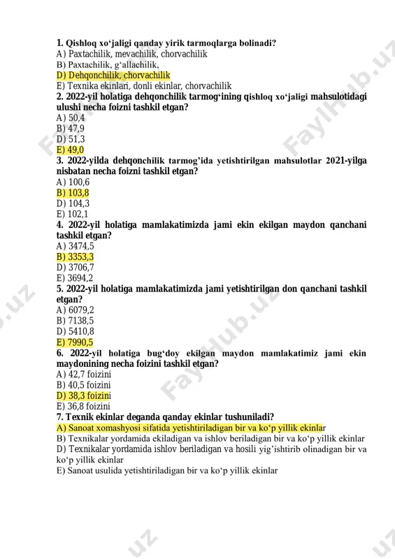 m sohasi: 310000- ijtimoiy va xulq-atvorga mansub fanlar ta’lim yo‘nalishi: 60310100- iqtisodiyot (tarmoqlar va sohalar bo‘yicha) termiz – 2024 1. 2022-yil holatiga chorvachilik tarmog‘ining qishloq xo‘jaligi mahsulotidagi ulushi necha foizni tashkil etgan? a) 50,4 b) 46,1 d) 51,3 e) 48,7 2. 2022-yilda chorvachilik tarmog‘ida yetishtirilgan mahsulotlar 2020-yilga nisbatan necha foizni tashkil etgan? a) 103,3 b) 100,5 d) 98,1 e) 105,7 3. o‘zbekiston respublikasi prezidentining “chorvachilik tarmog‘ini davlat tomonidan qo‘llab-quvvatlashning qo‘shimcha chora-tadbirlari to‘g‘risida”gi pq-4576-sonli farmoni qachon qabul qilingan? a) 2020-yil 29-yanvarda b) 2020-yil 14-martda d) 2019-yil 17-dekabrda e) 2020-yil 5-fevralda 4. 2022-yil holatiga mamlakatimizda ishlab chiqarilgan jami go‘sht hajmida dehqon xo‘jaliklarining ulushi necha foizni tashkil etgan? a) 95,5 b) 86,6 d) 78,1 e) 92,4 5. 2022-yil holatiga mamlakatimizda ishlab chiqarilgan jami sut tarkibida dehqon xo’jaliklarining ulushi necha foizni tashkil etgan? a) 93,4 b) 88,3 d) 58,1 e) 92,0 6. chorvachilik mahsulotlari yetishtirishga ixtisoslashgan fermer xo’jaligiga beriladigan yer uchastkalarining eng kam o’lchami …