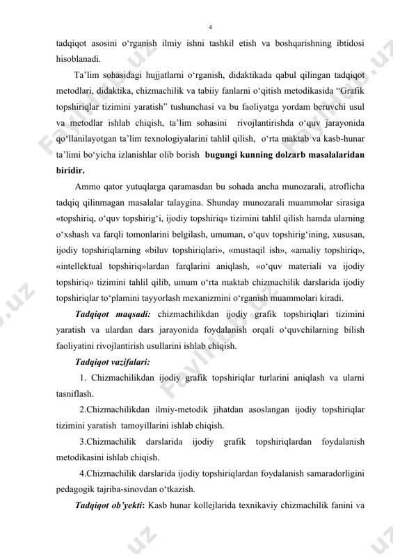 davlat universiteti mehnat ta’limi va chizmachilik kafedrasi yig‘ilishida hokama etilgan va ma’qullangan. 1. adabiyotlar tahlili. 1.1. maktabda chizmachilik fanini o‘qitishning muammolari. o‘quvchi yoshlarning muhim sifatlari bo‘lgan mustaqil va ijodiy fikrlash, mustaqil ishlay olish qobiliyatini tarbiyalash umumiy o‘rta ta’lim maktabning muhim vazifalaridan hisoblanadi. shunga ko‘ra o‘quvchilarning bilish faoliyatini rivojlantirish, dars mashg‘ulotlarini samarali tashkil qilish alohida ahamiyat kasb etadi. jumladan, umumiy o‘rta ta’lim maktabning chizmachilik ta’limi jarayoni o‘quvchilarni hayotga, kasb-hunarga tayyorlashda, ularning ratsionalizatorlik va ixtirochilik faoliyatini shakllantirishda muhim o‘ringa ega. respublikamizda 9580 dan ortiq umumiy o‘rta ta’lim maktab faoliyat ko‘rsatmoqda. chizmachilik fanini 68 soat (8 va 9-sinflarda) o‘qitish nazarda tutilgan. chizmachilik fanidan tuzilgan yangi o‘quv dasturiga mazmun jihatdan birmuncha o‘zgartirish kiritildi. milliy dasturni amalga oshirishda respublikamizda 1150 dan ziyod kasb-hunar kolleji faoliyat ko‘rsatib, ularda 500 dan ortiq yo‘nalish bo‘yicha kasb-hunar o‘rgatilmoqda. bu yo‘nalishlarning 130 dan ortig‘ida 36 soatdan 180 soatgacha chizmachilik fani o‘qitiladi. ta’lim tizimini yanada rivojlantirish uchun barcha imkoniyatlardan to‘liq foydalanilmoqda …