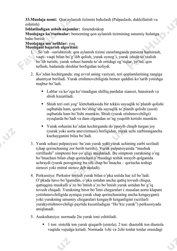 sh tizimi zararlanganda patsient hansirash, vaqti- vaqti bilan bo’g’ilib qolish, yurak oynog’i, yurak ishida to’xtalish bo’lib turishi, yurak sohasi hamda to’sh ortidagi og’riqlar, yo’tal, qon tuflash, badanida shishlar borligidan noliydi. 2. ko’zdan kechirganda: eng avval uning vaziyati, teri qoplamlarining rangiga ahamiyat beriladi. yurak etishmovchiligida bemor qaddini ko’tarib yotishga majbur bo’ladi. · lablar va ko’zga ko’rinadigan shilliq pardalar sianozi, hansirash va shish kuzatiladi. · shish teri osti yog’ kletchatkasida bir tekkis suyuqlik to’planib qolishi oqibatida ham, qorin bo’shlig’ida suyuqlik to’planib qolishi (assit) oqibatida ham bo’lishi mumkin. shish (yurak etishmovchiligi) oyoqlarda bo’ladi va dam olgandan so’ng yoqolib ketishi mumkin. · yurak sohasini ko’zdan kechirganda do’ppayib chiqib turgan joy (yurak yoki aorta anevrizmasi) borligidan, yurak uchi zarbiningancha kuchayganini bilsa bo’ladi. 3. yurak sohasi palpasiyasi: ba’zan yurak yoki yurak uchining zarbi seziladi (chap qorinchaning zor berib turishi). yurak palpatsiyasida “mushuk xirrillashi” simptomi bor-yo’qligi aniqlanadi. bu simptom yurakning o’ng bo’lmachasi bilan chap qorinchasi o’rtasidagi teshik …