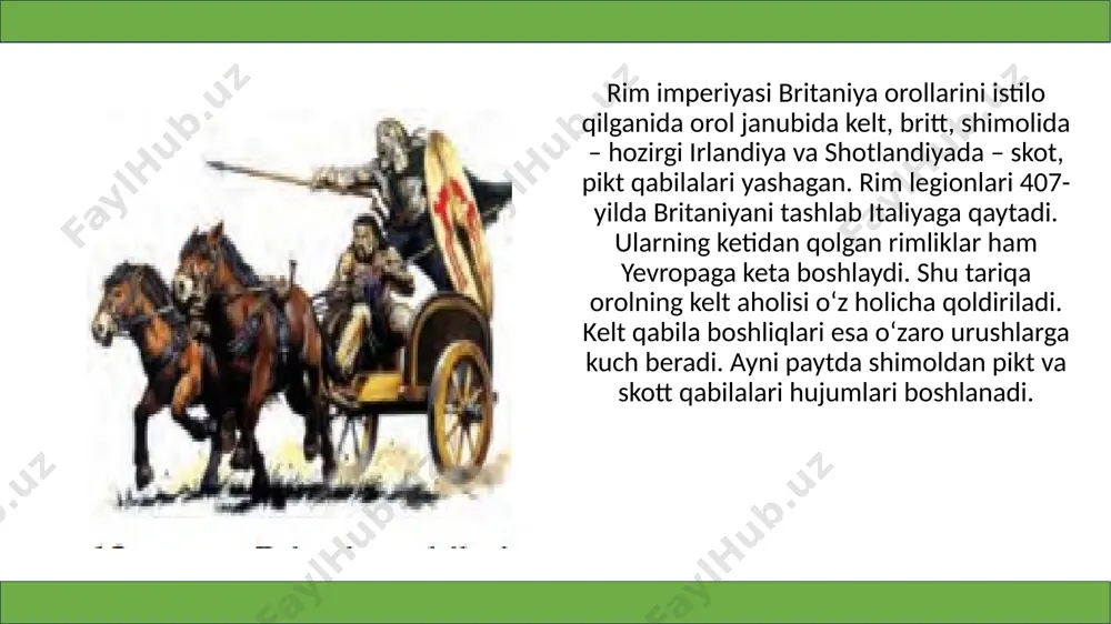adi. kelt qabilalari xotirasida bu g‘alabalar haqidagi ma’lumotlar asrlar davomida saqlanadi. lekin rivoyatlarda bosqinchilarga zarba bergan qahramonning ismi o‘zgargan. dostonchilar uni artorius yoki artur deb atay boshlashgan. vaqt o‘tishi bilan artur siymosi atrofida vi asrga aloqasi bo‘lmagan ko‘plab tarixiy afsonalar to‘planadi. oradan besh asr o‘tib ham yevropaning turli mamlakatlari yozuvchilari qirol artur va uning ritsarlari lanselot, qirolicha jinevra, sehrgar merlinlar haqida asarlarni yaratishda davom etishadi. bu asarlar kitobxonlar orasida keng tarqaladi kurashning yakuni. amvrosiy avreliandan so‘ng brittlarda munosib yo‘lboshchi bo‘lmasligi angl-sakslar tomonidan orolning katta qismi bosib olinishiga imkon beradi. bosqinga uchramagan kelt qabilalari irlandiya va shotlandiyada, qisman britaniyaning g‘arbiy chekkasida saqlanib qoladi. istilochilar britaniya yerlarida yettita qirollik tuzishadi. ular turli lahjalarda so‘zlashgan, lekin yillar o‘tib angllar yashagan mersiya shevasi tobora keng qo‘llanila boshlaydi. shu tufayli keyinchalik istilochilar muomalasidagi til ingliz, mamlakat esa angliya nomini oladi. bosqinchilarning ko‘plab qabilalari va bo‘ysundirilgan aholining qolgan qismi yagona xalqqa birlasha boshlaydi. tarixda ular angl-saks …