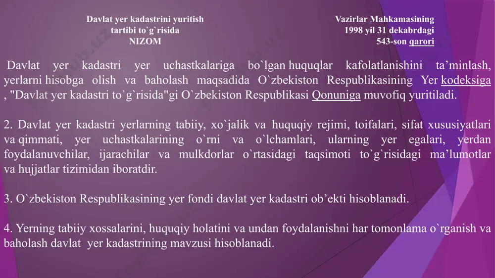 shga oid axborotlar majmuini tashkil etadi hamda davlat hokimiyati va boshqaruv organlari, shuningdek manfaatdor yuridik va jismoniy shaxslar foydalanishi uchun mo‘ljallangan bo‘ladi. yerlardan foydalanish, ularni tiklash va muhofaza qilish, yer uchastkalari berish (realizatsiya qilish) va ularni olib qo‘yish, yer uchun to‘lanadigan haq miqdorini belgilash, yer tuzish ishlarini bajarish, xo‘jalik faoliyatiga baho berish hamda yerdan foydalanish va ularni muhofaza qilish bilan bog‘liq boshqa tadbirlarni amalga oshirish chog‘ida davlat yer kadastri ma’lumotlaridan foydalanilishi shart. yer kadastriga doir axborot davlat hokimiyati va boshqaruv organlariga tekinga taqdim etiladi, yuridik va jismoniy shaxslarga esa haq evaziga beriladi. davlat yer kadastrini yuritish borasidagi ishlar davlat byudjetidan, shuningdek yer uchastkalariga bo‘lgan huquqlarni davlat ro‘yxatiga olganlik uchun undiriladigan mablag‘lar va qonun hujjatlari bilan man etilmagan boshqa manbalar hisobidan moliyalanadi. “davlat yer kadastri to‘g‘risida”gi qonunning 10-moddasiga ko‘ra davlat yer kadastrini yuritish quyidagilar bilan ta’minlanadi: -aerokosmik suratga olishlarni, topografiya-geodeziya, kartografiya, tuproqshunoslik, agroximiya, geobotanikaga oid va boshqa izlanishlar va tadqiqotlarni o‘tkazish, …