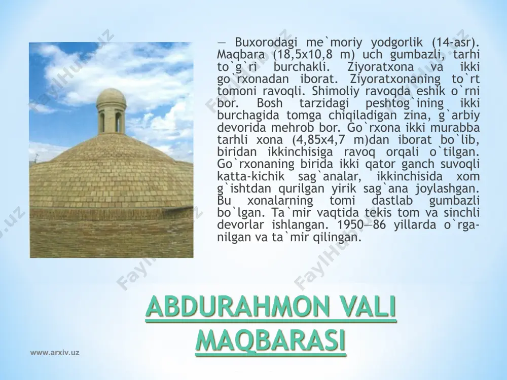 www.arxiv.uz www.arxiv.uz nodir devonbegi madrasasi devonbegi madrasasi, devonbegi madrasasi (buxoro, 1622-23)-bu-xoro hukmdori imom-qulixonning vaziri nodir devonbegi tashabbusi bilan bunyod etilgan. madrasa dastlab karvon-saroy sifatida qurilgan. www.arxiv.uz www.arxiv.uz buxoro arki (buxoro, 9-12-arslar)-shaharning qadimiy qal`asi. ark baland tepalik ustiga qurilgan. maydoni 4,2 ga.) milod boshlarida qurila boshlanib, somoniylar davri (9-10-asrlar) da ham ark qayta qurilgan, asosan ho-zirgi ko`rinishi saqlanib shayboniylar sulolasi dav-rida shakllangan. 2 ming yil mobaynida tashqi va ichki qiyofasida ko`p o`zgarishlar ro`y bergan. www.arxiv.uz www.arxiv.uz bahouddin majmuasi (buxoro)-shayx bahouddin dahmasi, abdulazizxon xa-naqohi, dahmai shohon, maqbara, madrasa, muzaf-farxon, va hakim qushbegi masjidlari, hovuz, quduq, minora va boshqa insho-otlardan iborat. www.arxiv.uz www.arxiv.uz abdullaxon madrasasi (buxoro, 1588-90) – abdullaxon ii qurdirgan. xalq orasida modarixon madrasasi nomi bilan birga qo`sh madrasa nomini olgan. madrasaning to`rt tomoni baland peshtoqli bo`lib, bosh tarzidagi peshtoq, uning yonlaridagi ikki qavatli hujralar va burchaklaridagi guldastalar oq, ko`k, zangori rangli sirkor baezaklar bilan pardozlangan. www.arxiv.uz www.arxiv.uz www.arxiv.uz www.arxiv.uz