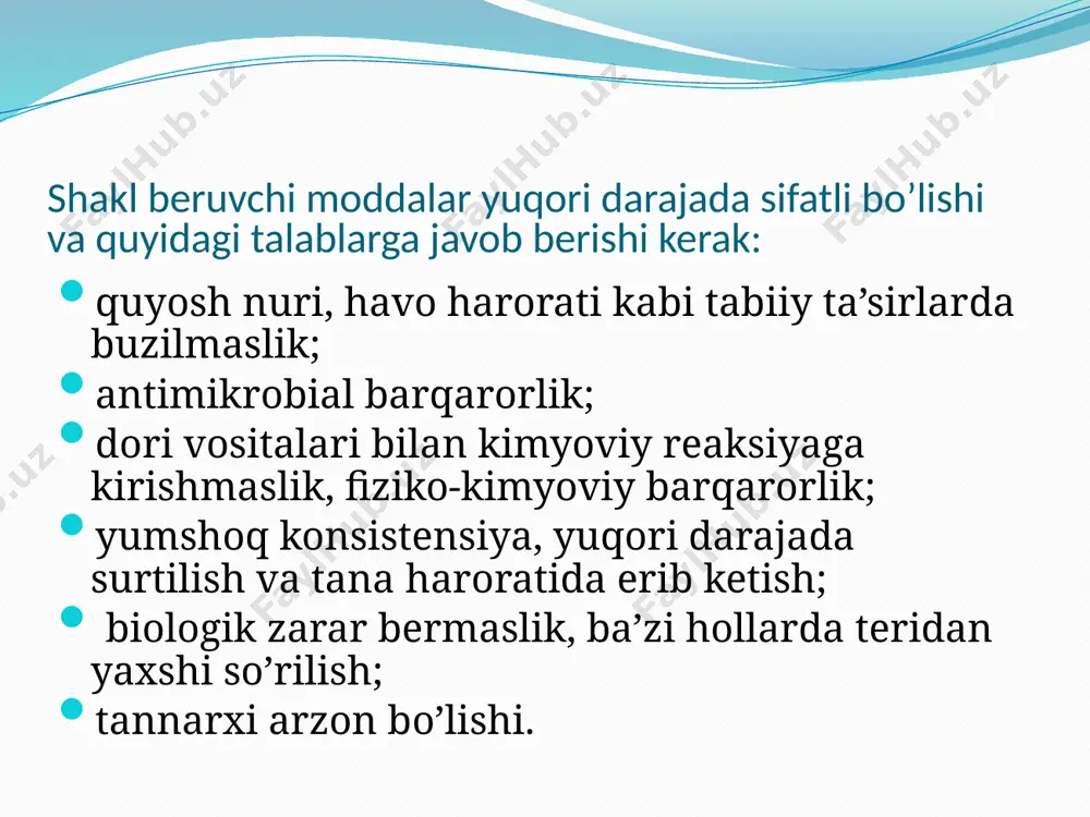 surtmasi (unguentum xeroformium) misol. 10,0 ofisinal ruxli surtma yozish buyurilsin. rp.: unguenti zinci 10,0 d.s. ko’zga surtish uchun. pastalar (pasta, pastae) bu yumshoq, dozalanmagan dori shakli bo’lib, tarkibida 20% dan 60% gacha sochma holdagi quruq moddalar – talk (talcum), kraxmal (amylum), rux oksidi (zinci oxydum), oq tuproq (bolus alba) va boshqalar saqlaydi. shu sababli, pastalarda yallig’lanishga qarshi ta’siri bilan bir qatorda adsorbsiya va quritish xossalari ham bor. pasta xuddi surtmalar kabi, asosiy dori moddasi (basis) hamda surtma asosi deb ataladigan shakl beruvchi moddadan (constituens) iborat. pastalar magistral va ofisinal bo’ladi. magistral pastalarga reseptlar faqat kengaytirilgan shaklda yozilib, pasta tarkibiga kiruvchi barcha ingredientlarning nomi va miqdori ko’rsatiladi. resept m.f. pasta, keyin d.s. deb tamomlanadi. misol. 50 g vazelinli pasta uchun resept yozing. uning tarkibida 5% anestezin va 25% rux oksidi bo’lsin. hisob: anestezin 100,0 – 5,0 50,0 – x х= 50*5/100=2,5 anestezin rux oksidi 100,0 – 25,0 50,0 – x х=50*25/100=12,5 …