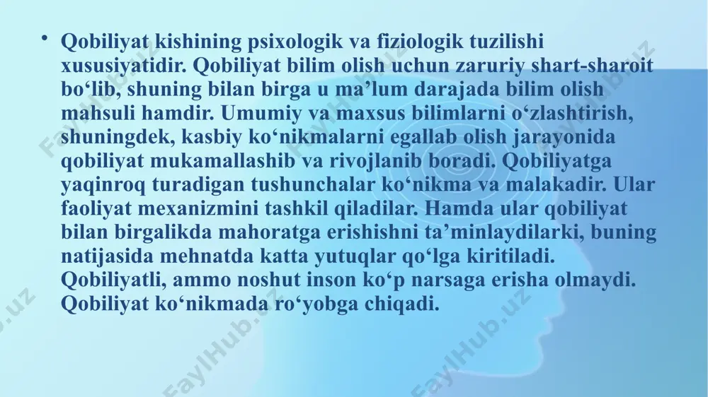 tlarning juda ko‘p turlari mavjud. hozirgi zamon psixologiyasida inson qobiliyatlarining tasniflanish turlari ko‘pchilikni tashkil etadi. ularning ichidagi umumiy tasniflashga ko‘ra qobiliyatlar ikki guruhga: umumiy va maxsus qobiliyatlarga bo‘ladi. bu guruhlarning har biri oddiy va murakkab, guruh ichida esa alohida turlarga bo‘linadi. umumiy boshlang‘ich qobiliyatlar – bu qobiliyatlar turli darajadagi ifodalanishda bo‘lsada, barcha odamlarga xos. ularga psixik aks ettirishning asosiy shakllari: sezish, idrok qilish, esda olib qolish, qayg‘urish, fikrlash, xayol surish, qaror qabul qilish va amalga oshirish kiradi. bu qobiliyatlarning boshlang‘ich ifodalari mos bo‘lgan sensor, mnemik, tafakkur, irodaviy samaralar bilan bajariladigan psixik harakat. mashqlar natijasida u muvofiq ko‘nikmaga aylanishi mumkin. maxsus boshlang‘ich qobiliyatlar – bu qobiliyatlar barcha odamlarga xos bo‘lmay, ular psixik jarayonlarning qandaydir sifat tomonlarining ma’lum ifodalanishini taqazo etadi. ko‘z bilan chamalash – bu ko‘rish orqali idrok qilinadigan ob’ektlarning kattaliklarini, ular o‘rtasidagi va ulargacha bo‘lgan masofalarning turli aniqlikda idrok qilish, baholash va taqqoslash qobiliyati, ya’ni, ko‘rish orqali idrok qilishning ma’lum …