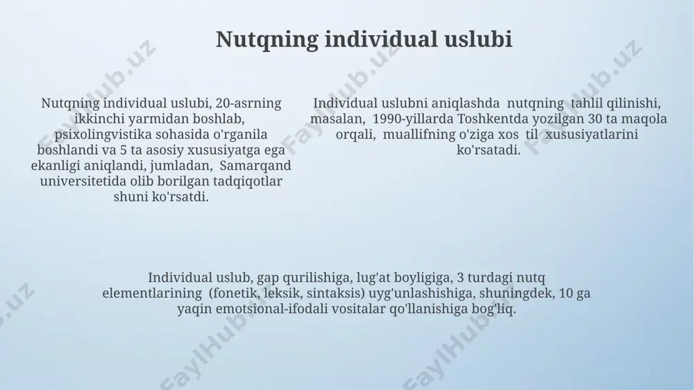 o'llanilgan. 20-asrning 70-yillarida samarqand universitetida o'tkazilgan tadqiqotlarda nutqning stilistik shakllarining 5 ta asosiy turini va ularning fonetik xususiyatlarini aniqlangan. 20-asrning 70-yillarida samarqand universitetida o'tkazilgan tadqiqotlarda nutqning stilistik shakllarining 5 ta asosiy turini va ularning fonetik xususiyatlarini aniqlangan. invertsiya va anafora inversiya, jumlaning odatiy so‘z tartibini (masalan, fe’l-obyekt-subyekt) buzish orqali, 2-3 marta takrorlanib, o‘zbek she’riyatida, xususan alisher navoiy asarlarida (15-asr, hirot) keng qo‘llaniladi. anafora, bir necha jumla yoki she’riy bandlarning 1-2 so‘z yoki iborasi bilan boshlanishi (masalan, "sevgi...", "hayot...") xix asr rus she’riyatida, pushkin asarlarida 50 dan ortiq holatda kuzatilgan. inversiya va anafora birgalikda qo‘llanilganda, jumlaning ritmik tuzilishiga 3-4 baravar ta’sir ko‘rsatib, o‘zbek va rus adabiyotining 20-asr namunalarida ham (masalan, abdulla qahhor asarlarida) kuzatiladi. e'tiboringiz uchun rahmat @taqdimot_robot image4.png image3.jpeg