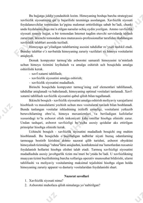 iy sharoitni, ishlab chiqarish jarayonlarini, o’rnatib quyilgan himoyaning texnik vositalarini tahlillashdan iborat. nixryat, bino perimetri bo’yicha bostirib kirishni aniqlovchi turli datchiklar yordamida kompleks kuzatish o’rnatiladi. bu datchiklar obyektni qo’riqlashning markaziy posti bilan bog’langan va bo’lishi mumkin bo’lgan bostirib kirish nuqtalarini, ayniqsa ishlanmaydigan vaqtlarda, nazorat qiladi. vaqti-vaqti bilan eshiklar, romlar, tom, ventilyasiya tuynuklari va boshqa chiqish yo’llarining fizik himoyalanish ishonchliligini tekshirib turish lozim. har bir xonaga ichidagi narsaning muhimliligiga bog’liq foydalanish tizimiga ega bo’lgan zona sifatida qaraladi. kirish-chiqish huquqi tizimi shaxs yoki obyekt muhimligiga bog’liq holda seleksiyali va darajalari bo’yicha rutbalangan bo’lishi shart. kirish-chiqish huquqi tizimi markazlashgan bo’lishi mumkin (ruxsatlarni boshqarish, jadval va kalendar rejalarining rejalashtirilishi, kirish-chiqish huquqining yozma namunalari va h.)-nazorat tizimini vaqti-vaqti bilan tekshirib turish va uni doimo ishga layoqatli holda saqlash lozim. buni ixtisoslashgan bo’linmalar va nazorat organlari ta’minlaydi. shaxsiy kompyuter va fizikaviy himoya vositalari kabi o’lchamlari kichik asbob-uskunalarni kuzda tutish mumkin. yuqorida keltirilganlarga xulosa qilib, kompyuter tarmoqlarini …