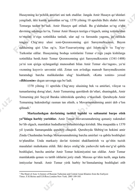 ib, «katta xonim» yoxud «bibixonim» degan unvonga ega bo‘ladi. 1370 yilning 11 aprelida chig‘atoy ulusining bek va amirlari, viloyat va tumanlarning dorug‘alari, amir temurning quroldosh do‘stlari, shuningdek, amir temurning piri sayyid baraka ishtirokida qurultoy o‘tkaziladi. qurultoyda amir temurning hukmdorligi rasman tan olinib, u movarounnahrning amiri deb e‘lon qilinadi. markazlashgan davlatning tashkil topishi va saltanatni barpo etish yo‟lidaga harbiy yurishlar. amir temur movarounnahrning qonuniy xukmdori bo‘lib olgach, mamlakat hududlarini birlashtirishga kirishdi. shu maqsadda u 1370 yil iyunida samarqandda qurultoy chaqirdi. qurultoyda shibirg‘on hokimi amir zinda chashmdan boshqa movarounnahrning barcha amirlari va qabila boshliqlari to‘plandilar. unda markaziy davlat tizimini shakllantirish va qo‘shin tuzish masalalari muhokama etildi. ikki daryo oralig‘ida yashovchi turk-mo‘g‘ul qabila boshliqlari, barcha amirlar amir temur hokimiyatini tan oldilar. amir temur mamlakatda qonun va tartib ishlarini joriy etadi. maxsus qo‘shin tuzib, unga katta imtiyozlar beradi. amir temur yirik harbiy bo‘linmalarning boshliqlari etib ardasher qavchin, joku barlos, iskandar a‘lam shayx, usmon abbos, …