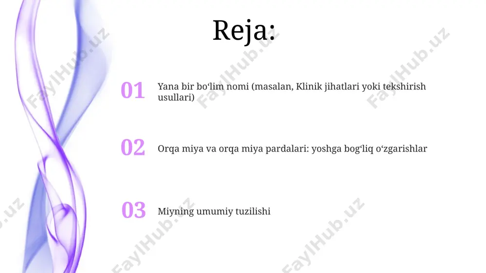 , ular – qattiq, o'rta va yumshoq qobiq – miyani himoya qiladi va miya suyuqligi hosil bo'lishiga hissa qo'shadi, masalan, lateral qorinchalarda. orqa miya anatomiyasi orqa miya 31 juft segmentga bo'linadi va har bir segmentdan 31 juft orqa miya nervlari chiqadi, ular inson tanasining harakatlarini va sezgilarini boshqaradi. orqa miyaning servikal (bo'yin) qismi 8 segmentdan, torakal (ko'krak) qismi 12 segmentdan va lyumber (bel) qismi 5 segmentdan iborat bo'lib, ularning har biri o'ziga xos funksiyalarga ega. e'tiboringiz uchun rahmat @taqdimot_robot image4.jpg image5.jpg image6.jpg image7.jpg image8.jpg image1.jpeg image2.jpeg image3.jpeg