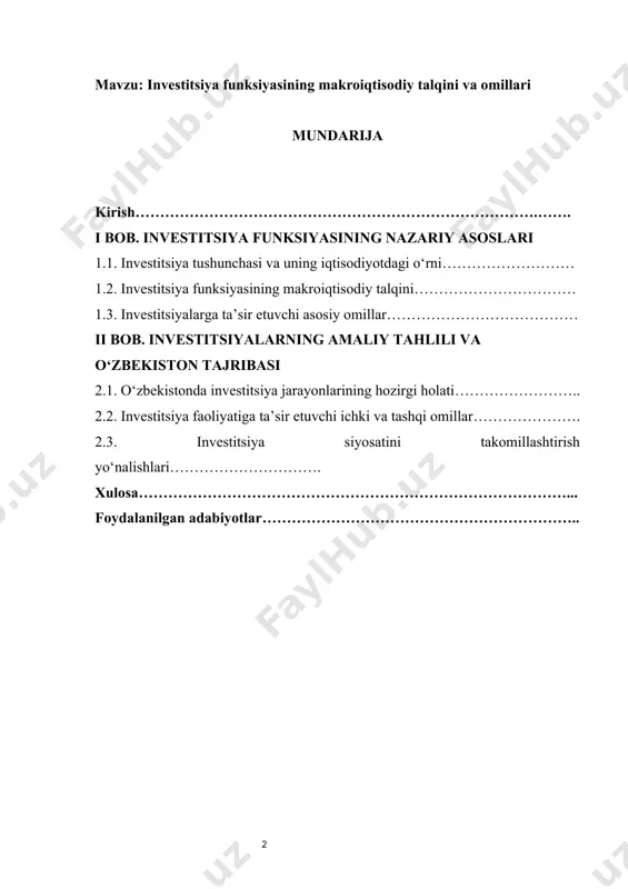 italning samarali taqsimlanishi va investitsion muhitning barqarorligi davlat iqtisodiy siyosatining eng muhim ustuvor yo‘nalishlaridan hisoblanadi. shu nuqtayi nazardan, o‘zbekistonda oxirgi yillarda amalga oshirilayotgan islohotlar, xususan, xorijiy investorlar uchun huquqiy kafolatlar berilishi, davlat-xususiy sheriklik tizimining kengayishi va ichki sarmoya manbalarining safarbar qilinishi bevosita iqtisodiy o‘sishni ta’minlashga qaratilgan[footnoteref:0]. shunday ekan, investitsiya funksiyasining makroiqtisodiy talqini va unga ta’sir etuvchi omillarni ilmiy jihatdan chuqur o‘rganish nafaqat nazariy, balki amaliy jihatdan ham dolzarb ahamiyat kasb etadi. [0: prezident shavkat mirziyoyev tomonidan inflyatsiyaning aholining daromadi va turmush tarziga ta’sir qiluvchi omil ekanligi to‘g‘risidagi fikr — 2023-yilgi yig‘ilish nutqi. газета.uz] kurs ishi mavzusining o‘rganilganlik darajasi investitsiya tushunchasi iqtisodiyot fani taraqqiyoti davomida turli nazariy yo‘nalishlar vakillari tomonidan keng o‘rganilgan. masalan, klassik iqtisodiy maktab vakillari — a. smit, d. rikardo, j. b. sey kapital qo‘yilmalarni ishlab chiqarish jarayonining uzviy qismi sifatida baholagan va ularning milliy boylikni oshirishdagi rolini asoslab bergan. xix asr oxiridan boshlab neoklassik yo‘nalish investitsiya samaradorligi va …