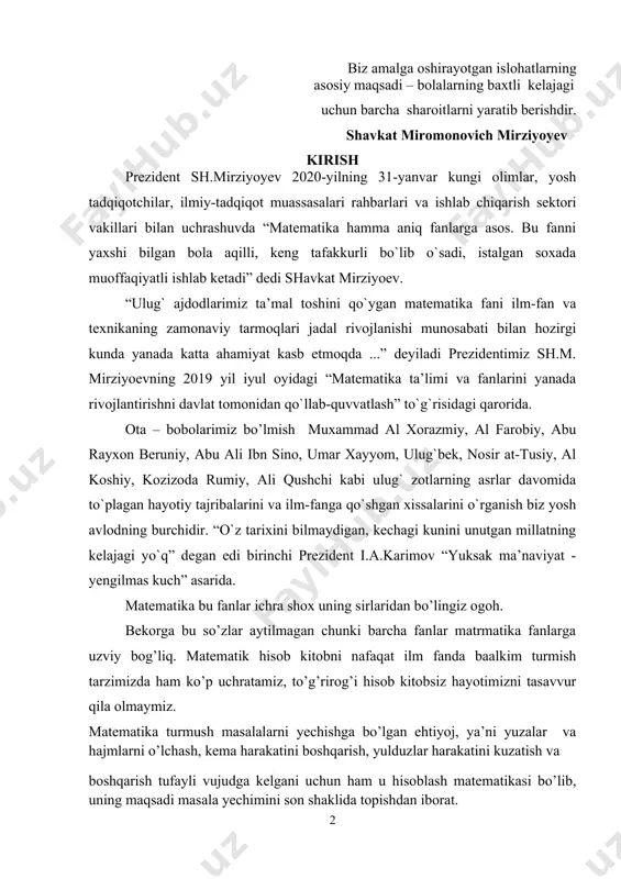 n bo’lingiz ogoh. bekorga bu so’zlar aytilmagan chunki barcha fanlar matrmatika fanlarga uzviy bog’liq. matematik hisob kitobni nafaqat ilm fanda baalkim turmish tarzimizda ham ko’p uchratamiz, to’g’rirog’i hisob kitobsiz hayotimizni tasavvur qila olmaymiz. matematika turmush masalalarni yechishga bo’lgan ehtiyoj, ya’ni yuzalar va hajmlarni o’lchash, kema harakatini boshqarish, yulduzlar harakatini kuzatish va boshqarish tufayli vujudga kelgani uchun ham u hisoblash matematikasi bo’lib, uning maqsadi masala yechimini son shaklida topishdan iborat. kurs ishning dolzarbligi: oliy ta’lim talaba va o’quvchilarga optimal boshqaruvlar masalasining matematik qo’yilishi,aniq integral haqida o’rgatish. kurs ishning maqsad va vazifalari: oliy o’quv yurti talabalari, aniq integral masalalarini yechish usullari haqida bilim va ko’nikmalarini oshirish, misollar va isbotlar bilan esa olgan bilim va ko’nikmalarini mustahkamlash. kurs ishida aniq integralning muhum usullarni ta’rif, teorema, lemma va ularning isboylari, misollar keltirigan. kirish qismida prezidentimizning nutqidan parchalar keltirilgan 1.1 silliq akslantrish ta’limiy maqsadi: talabalarga funksiyaning limiti, bir tomonli limitlari hamda chekli limitga ega funksiyalarning …