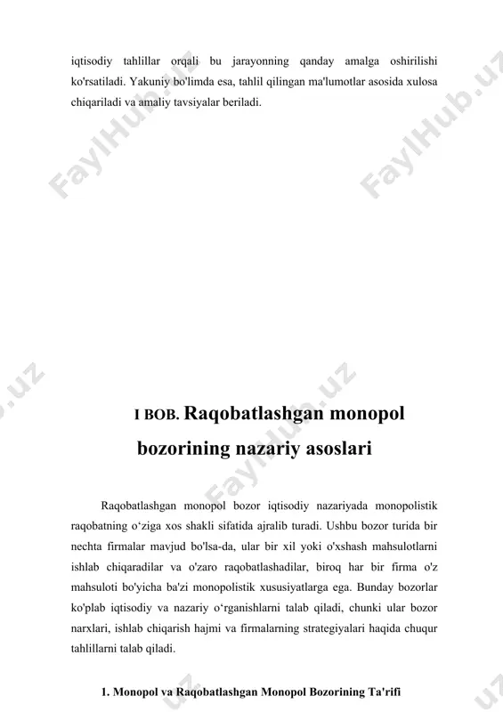 r o‘rtasidagi raqobatga va bozor talabiga qarab shakllanadi. 3. raqobatlashgan monopol bozorida firmalar qanday harakat qiladi? a. marginal daromad (mr) va marginal xarajatlar (mc) raqobatlashgan monopol bozorida firmalar o‘z foydalarini maksimal qilish uchun ishlab chiqarish hajmini va narxni belgilashda marginal daromad (mr) va marginal xarajatlar (mc) kabi iqtisodiy tushunchalardan foydalanadilar. marginal daromad (mr): bu qo‘shimcha bir birlik mahsulot sotilishi natijasida keladigan qo‘shimcha daromadni anglatadi. marginal xarajatlar (mc): bu qo‘shimcha bir birlik mahsulot ishlab chiqarish uchun sarflanadigan qo‘shimcha xarajatdir. firmalar o‘z ishlab chiqarish hajmini va narxini quyidagi qoidaga asosan belgilaydilar: mr = mc b. narxni belgilash monopolistik firmalar bozorda narxlarni belgilashda talab egri chizig‘ini hisobga olishadi. talab egri chizig‘i bozorning umumiy talabiga asoslanadi, ya'ni har bir narx bo‘yicha qancha mahsulot sotilishi mumkinligini ko‘rsatadi. agar firma bozor talabiga qarab narxni belgilashni boshlasa, u narxni belgilashda mr = mc qoidasiga amal qiladi. talab egri chizig‘ining pastki qismi monopolistning narx belgilash strategiyasiga ta'sir qiladi, …