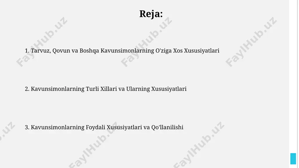 kunlik ehtiyojining 20% dan ortig'ini, shuningdek, kaliy va magniy kabi muhim minerallarni o'z ichiga oladi. kabakning noyob xususiyatlari kabakning o‘ziga xos xususiyati shundaki, uning 92% dan ortiq qismi suvdan iborat bo‘lib, bu uni juda yaxshi suv manbai qiladi va kaloriya miqdori past. kabak terisining rangi va shakli juda xilma-xil bo‘lib, 200 dan ortiq navlari mavjud, har biri o‘ziga xos ozuqaviy va terapevtik xususiyatlarga ega. tarvuzning noyob xususiyatlari tarvuzning turli xil navlari shakar miqdori bilan farq qiladi, ba’zi navlar 10% gacha, boshqalari esa 15% dan ortiq shakarga ega. tarvuz mevasi 92% suvdan iborat boʻlib, unda kam kaloriya, a va c vitaminlari, likoperin kabi antioksidantlar mavjud. qovunlarning kimyoviy tarkibi qovunlarning pektin moddasi tarkibi 0,5-1,5% oraligʻida oʻzgarib turadi va bu modda oshqozon-ichak trakti faoliyatini yaxshilashda muhim rol oʻynaydi. qovunlarning tarkibida 80-90% suv boʻlib, qolgan qismi esa shakarlar (asosan fruktoza, glyukoza va saxaroza), vitaminlar (a, c, b vitaminlari guruhi), minerallar (kaliy, magniy, kaltsiy) va …