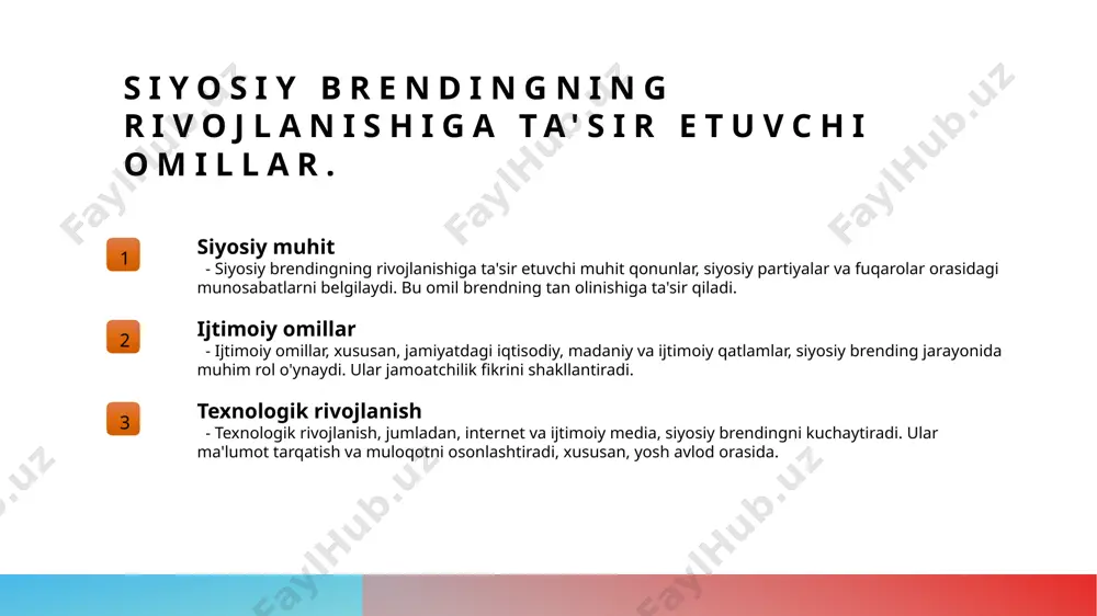 siyosiy partiyalarni samarali brendlash strategiyalari. 1 partiya identiteti partiya identiteti saylovchilar bilan aloqalarni mustahkamlash uchun muhimdir. u partiyaning maqsadlari va qadriyatlarini aks ettiradi, bu esa jamoatchilikda ishonch yaratadi. 2 brend strategiyalari samarali brend strategiyalari partiyaning asosiy xususiyatlarini belgilaydi. ular raqobatchilardan ajralib turish va saylovchilarning e'tiborini jalb qilishda muhim rol o'ynaydi. 3 komunikatsion texnologiyalar komunikatsion texnologiyalar partiyalarning brendlarini rivojlantirishda muhim ahamiyatga ega. ijtimoiy tarmoqlar va boshqa platformalar orqali auditoriyaga yetib borish imkoniyatini kengaytiradi. mafkuraviy brend modeli: ideologik brend va jamoat ongiga ta'siri. 1 ideologik brend ideologik brend, siyosiy partiyalar va harakatlar tomonidan maqsadli auditoriyaga yetkaziladigan g'oya va qadriyatlardir. bu brend, siyosiy identitetni shakllantiradi. 2 jamoat ongiga ta'siri ideologik brend, jamoatchilik ongini shakllantirishda muhim rol o'ynaydi. u odamlarning siyosiy qarorlariga va partiyalarga bo'lgan munosabatlariga ta'sir qiladi. 3 misollar va natijalar o'zbekistonda, "milliy tiklanish" partiyasi ideologik brend yaratish orqali keng ommalashdi. bu, jamoatchilikning ishonchini oshirishga yordam berdi. siyosiy brending jarayonida kommunikatsiya va media …