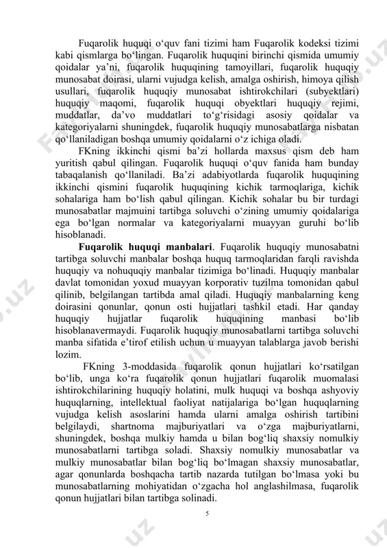 monlari va qarorlari; - o‘zbekiston respublikasi vazirlar mahkamasining qarorlari; - vazirliklar, davlat qo‘mitalari va idoralarning buyruqlari hamda qarorlari; - mahalliy davlat hokimiyati organlarining qarorlari. fuqarolik-huquqiy munosabat. fuqarolik-huquqiy munosabat deb, fuqarolik huquqining turli subyektlari o‘rtasida vujudga keladigan va fuqarolik huquqiy me’yorlar bilan tartibga solinadigan ijtimoiy munosabatga aytiladi. fuqarolik-huquqiy munosabat ijtimoiy munosabat sifatida, eng avvallo, turli subyektlar, kishilar o‘rtasidagi o‘zaro munosabatlar normal munosabatlar bo‘lganligi sababli ushbu munosabatlar unda ishtirok etuvchi shaxslarning erk-irodasi, xohishida ko‘ra vujudga keladi. fuqarolik munosabatida qatnashuvchi kishilarning erklari garchi ularning xatti-harakatlarida ifodalansa ham, biroq uning mohiyati va doirasi fuqarolik qonun hujjatlarida o‘z mujassamini topadi. fuqarolik-huquqiy munosabatlarni boshqa ijtimoiy-huquqiy munosabatlardan farq qildiruvchi muayyan xususiyatlari mavjud: 1. fuqarolik-huquqiy munosabatlarda ishtirok etuvchi shaxslar muayyan mulkiy mustaqillikka ega bo‘lishi shart; 2. fuqarolik-huquqiy munosabatlarda ishtirok etuvchilar teng huquqli shaxslar hisoblanadi. fuqarolik-huquqiy munosabatlarda ishtirok etuvchi subyektlarning huquqlari va qonuniy manfaatlari buzilgan taqdirda, odatda, da’vo qo‘zg‘atish orqali sudlar tomonidan himoya qilinadi. fuqarolik-huquqiy munosabatlar mazmunan bir necha …