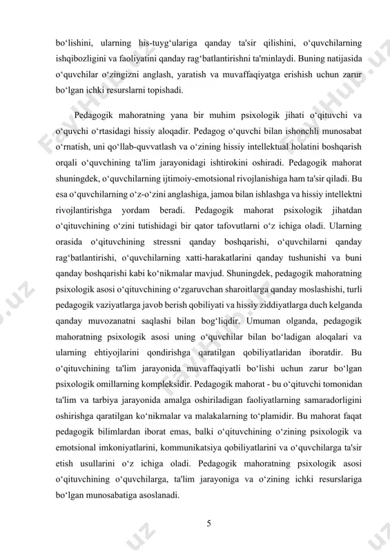 r etish uslublarini ham o‘z ichiga oladi pedagogik mahoratni rivojlantirish o‘qituvchining individual o‘sishi va doimiy takomillashuvi bilan bog‘liqdir quyida pedagogik mahoratning asosiy tarkibiy qismlari va ularni rivojlantirish usullari ko‘rib chiqiladi. pedagogik bilimlar o‘qituvchining ta'limning nazariy asoslarini metodikalarini va o‘qitish texnologiyalarini bilishidir pedagogik bilimlar o‘qituvchi uchun zarur chunki ular o‘qituvchining ta'lim jarayonini to‘g‘ri tashkil etishi o‘quvchilarga samarali ta'lim berishi uchun asos bo‘lib xizmat qiladi bu bilimlar o‘qituvchining o‘z sohasi bo‘yicha chuqur bilimga ega bo‘lishini o‘quv dasturini to‘g‘ri o‘qitish ta'lim maqsadlarini belgilash va metodik yondoshuvlarni ishlab chiqishda yordam beradi. rivojlantirish usullari pedagogik ilmiy ishlarni o‘rganish va tadqiqotlarda ishtirok etish zamonaviy pedagogik metodika va texnologiyalarni o‘rganish va ulardan amaliyotda foydalanish ta'limning yangi yo‘nalishlari metodik vositalari va pedagogik nazariyalarni doimiy ravishda o‘rganish. pedagogik texnikalar va metodik ko‘nikmalar o‘qituvchining ta'lim jarayonida o‘quvchilarga samarali tarzda bilimlarni etkazish o‘qitish usullarini tanlash va ularga moslashtirish ko‘nikmalarini o‘z ichiga oladi pedagogik texnikalar va metodik ko‘nikmalar o‘qituvchidan turli uslub va …