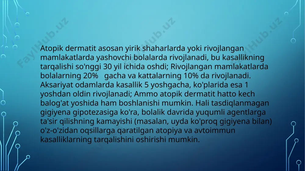 ar kashfiyotlar atopik dermatit va terining yallig'lanishi, kechiktirilgan tipdagi t-hujayralarining yuqori sezuvchanligi, astma va allergik rinit (pichan isitmasi) kabi darhol yuqori sezuvchanlik bilan allergik sharoitlar bilan qanday bog'liqligi haqida yangi tushuncha beradi. filagrin mutatsiyalari tufayli epidermal teri to'sig'idagi nuqson kserozining rivojlanishini va atopik dermatit bilan namoyon bo'ladigan terining tirnash xususiyati bilan izohlanadi. biroq, ular allergik mexanizmlar tomonidan vositachilik qilmaydi. teri yallig'lanishi, aksincha, kechiktirilgan tipdagi t-hujayralari vositachiligidagi yuqori sezuvchanlik bo'lib, terida th2-dominant komponentni o'z ichiga oladi. ushbu turdagi yuqori sezuvchanlik antibakterial peptidlarning (masalan, beta-defensinlar) faolligini inhibe qiladi. bu atopik dermatit bilan og'rigan bemorlarning bakterial va virusli teri infektsiyalarini rivojlanishiga moyilligini tushuntiradi. teri tirnash xususiyati beruvchi moddalar va allergenlarga o'tkazuvchanlikning oshishi ham th2-dominant yallig'lanishga olib keladi, bu esa o'z navbatida ige ishlab chiqarishni rag'batlantiradi va darhol yuqori sezuvchanlik rivojlanishiga moyil bo'ladi. biroq, atopik dermatitga vositachilik qiluvchi asosiy mexanizm hujayra immunitetining kechikishi bo'lganligi sababli, darhol allergenlardan (masalan, gulchanglar, chang oqadilar) saqlanish atopik dermatitning …