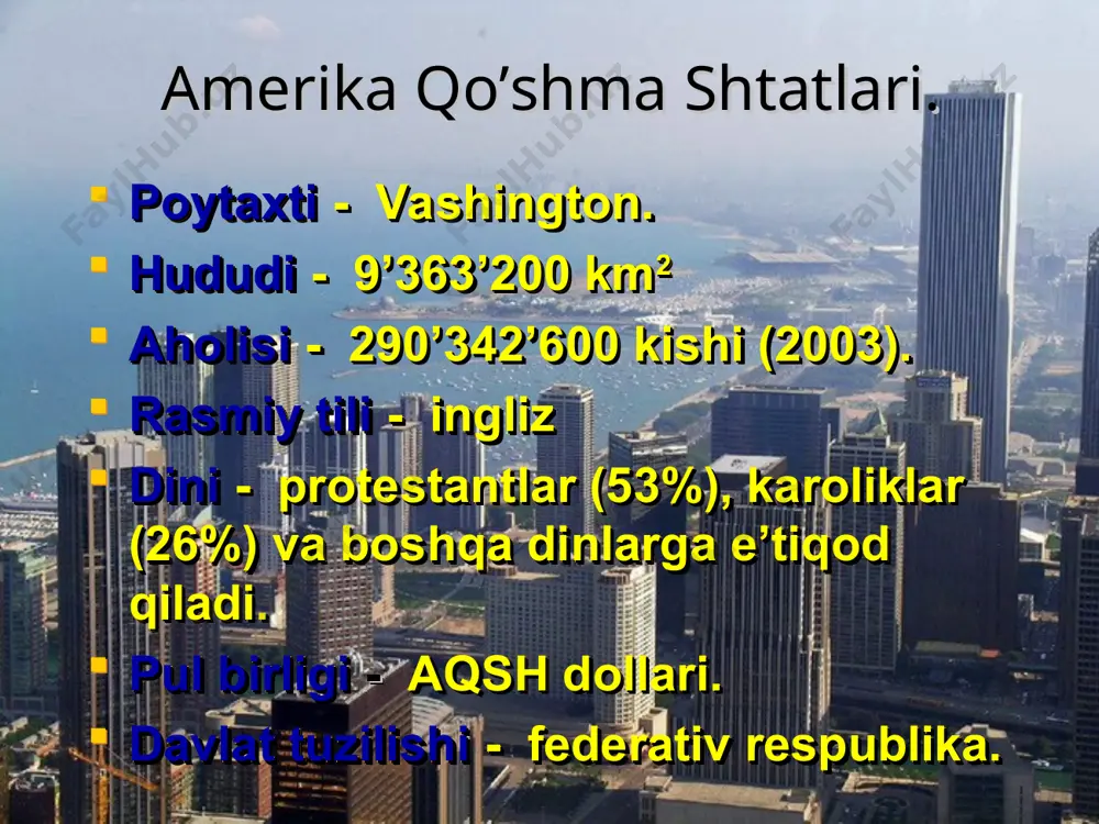 kni oshirishga intilib, ochiqdan-ochiq tajavuzkorona xatti-harakatlarni amalga oshirdi. r.reygan ma’muriyatining ilk tashqi siyosiy harakati grenadaga havo desanti tushirish va orolning qonuniy hukumatini yo’q qilish bo’ldi. yusufjon_axmedov@mail.ru * r.reygan ma’muriyati sovet ittifoqi bilan munosabatlarni biroz yaxshilashga intildi. 1986-1988 yillarda m.s.gorbachev bilan oliy darajada bolib o’tgan uchrashuvlar sovet-amerika munosabtlarini sozlash va xalqaro vaziyatni yaxshilashga imkon yaratdi. yusufjon_axmedov@mail.ru * xxi arsning boshlarida aqsh rahbariyati xalqaro maydonda aqsh ning mutloq yetakchi davlat bo’lib qolishini o’zining asosiy maqsadi, deb e’lon qildi. prezident j.bush ma’muriyati r.reygan ilgari surgan strategik mudofaa tashabbusini amalga oshirishga kirishdi. yusufjon_axmedov@mail.ru * aqsh-o’zbekiston munosabatlari 1992-yilda aqsh va o’zbekiston o’rtasida diplamatik munosabatlar o’rnatildi. 1995-yilda aqsh mudofa vaziri u.perri o’zbekistonga keldi. bu tashrif o’zbekistonning nato bilan aloqalarini kengaytirishda muhim ahamiyatga ega bo’ldi. o’zbekistonning qurolli kuchlarining maxsus vzvodi aqsh da “tinchlik yo’lidagi hamkorlik” dasturi doirasida o’tkazilgan harbiy mashqlarda qatnashdi. yusufjon_axmedov@mail.ru * 1996-yilning 23-28 iyun kunlari o’zbekiston prezidenti i.karimov rasmiy tashrif bilan aqsh da bo’ldi. i.karimov …