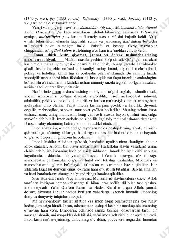 ldilar. bas, alloh bir toifa mutakallimlarni paydo qildi va ularning himmatini tartibga solingan kalom ila sunnatning nusrati yo’lida harakatga soldi. shu orqali ahli bid’atning sunnatga xilof ravishda chiqargan aldamchiliklari fosh qilinadi. ana shunday ilmi kalom paydo bo’ldi”. ilmi kalom paydo bo’lgan vaqtga kelib aqidaga oid masalalarga avvalgi vaqtlarga o’xshab faqat qur’on va sunnatdan dalil keltirish bilan kifoyalanib bo’lmay qolgan edi. qarshi taraf aqliy dalil keltirishni ham talab etardi. ilmi kalomga xos uslub va mavzular majmui birinchi bor al-ja’d ibn dirham (742 yil qatl etilgan) ijodida uchraydi. u doimo aql-idrokka tayanish talabini ilgari surdi va faqat inson salohiyati ojizlik qilgan hollardagina qur’on oyatlarini ramziy-majoziy ma’noda talqin qilish mumkin, deb hisobladi. uning shogirdi jahm ibn safvon (745 yil qatl etilgan) ustozining g’oyasini davom ettirdi. jahmning qarashlari mu’taziliylarga yaqin bo’lgani bois odatda bu ikki ta’limotni bir-biridan farqlamaydilar. kalomning ikkinchi yirik maktabi moturidiylik ham mustaqil ravishda taraqqiy etdi. ash’ariylar maktabi asosan shofi’iylar orasida tarqalgan …