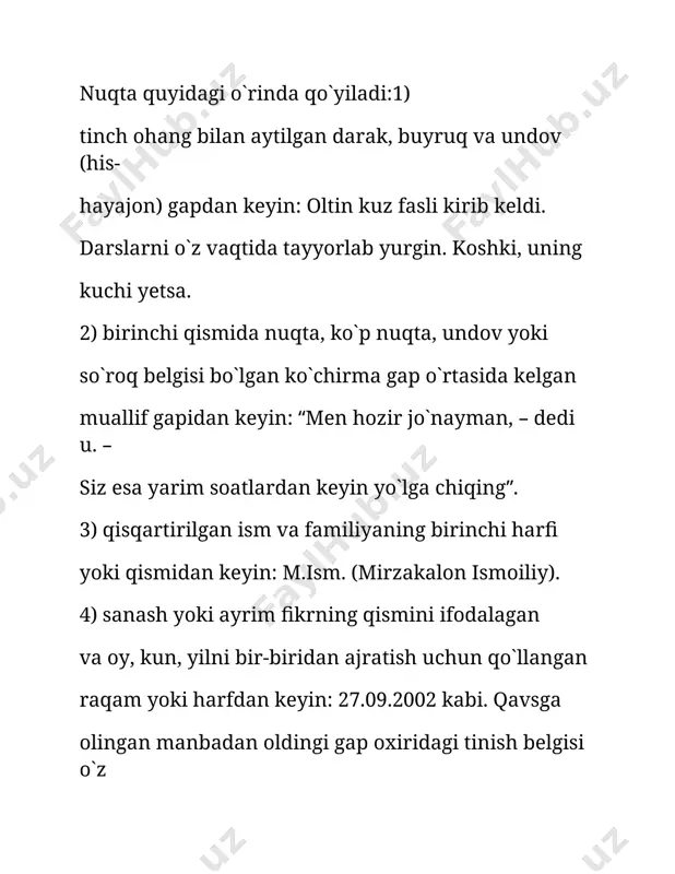 ng qo'yiladi. oqpodsho yerdan bir siqim tuproq oladi. — ana tuproq, mana tuproq! — deydi. — bo'rsildoq tuproq, mag'izdor tuproq, hosildor tuproq. tuproqmisan-tuproq! (tog'ay murod). 136 2. buyurish, yalinish, istak, xohish va shu kabi ma'- nolarni ifodalovchi gaplarning oxirida ham ishlatiladi. siz ham oyoqni ishlating! — deb buyurdi. suv ostida o'pqonlar ko'p. tortib ketmasin! (p. qodirov). 3. so'z boshida kelib, kuchli his-hayajon bilan aytilgan undalmalardan so'ng qo'yiladi. ey arslonlar arsloni! mening yozuqlarimdan o't, me-ning qo'limni tut, belimni bog'la, muqaddas fotihangni ber! {a. fitrat). 4. ha, yo'q, xo'p, uzr, mayli, xayr, salom kabi so'z-gaplar hayajon bilan aytilsa, ulardan so'ng qo'yiladi. balli-balli! — dedi rahim va sharifga qarab im qoqdi {a. qodiriy). yo'q! borolmayman, — dedi qayrilib. 5. matn ichida alohida ta'kidlangan, ajratib ko'rsatilgan so'zlardan keyin qavs ichida berilishi mumkin. «boburnoma» da tarix, etnografiya, til, adabiyot geo-grafiya, biologiya, botanika, hatto tabobatga (!) oid g'oyat qimmatli ma'lumotlarni uchratish mumkin. 6. aytilishi lozim boigan …