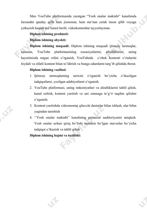 avzular bo’yicha tadqiqot o’tkazish va tahlil qilish diplom ishining hajmi va tuzilishi: i. ijtimoiy tarmoqlar haqida umumiy tushunchalar va ularning hayotimizda tutgan o’rni 1.1. ijtimoiy tarmoqlarning kelib chiqish tarixi, turlari, klassifikatsiyasi va bugungi kundagi vazifasi bir asrdan kamroq vaqt ichida ijtimoiy media to’g’ridan-to’g’ri elektron ma’lumotlar almashinuvidan virtual yig’ilish joyiga, chakana savdo maydonchasiga va 21-asrning muhim marketing vositasiga aylandi. ijtimoiy tarmoqlar 1844-yil 24-mayda telegraf mashinasida qo’l bilan chertib qo’yilgan bir qator elektron nuqta va chiziqchalar bilan boshlangan. raqamli aloqaning ildizlari chuqur bo’lsa-da, bugungi internet va ijtimoiy tarmoqlarning zamonaviy kelib chiqishi haqidagi ko’plab zamonaviy hisoblar 1969-yilda ilg’or tadqiqot loyihalari agentligi tarmog’i – arpanet bo’lganini ma’lum qiladi. zamonaviy ijtimoiy tarmoq nazariyasi 1951-yilda anatoliy rapoport va rey solomonoff tomonidan yaratilgan. 1959-1968-yillarda vengriyalik matematiklar alfred reni va pol erdos ijtimoiy tarmoqlarni shakllantirish tamoyillarini tavsiflovchi sakkizta maqola yozdilar. shu bilan birga, ijtimoiy tarmoqlar bugungi kunda odamlarning internetda o’tkazadigan vaqtining miqdorini o’sishda davom etayotganining asosiy sababiga aylandi. …