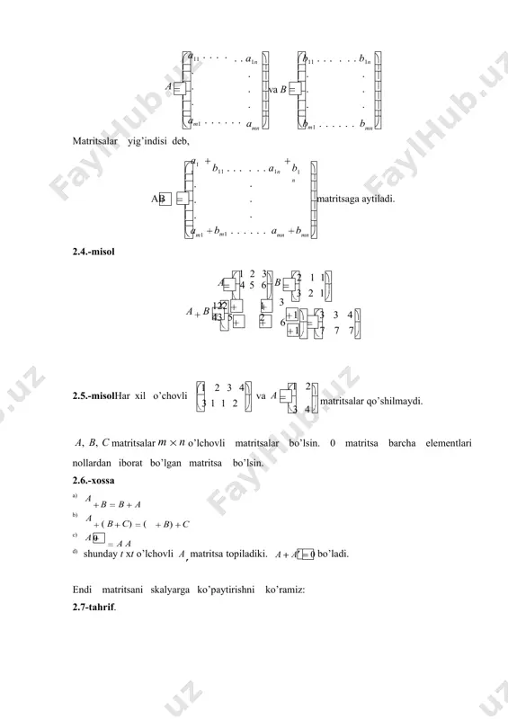 atritsa bo’lsin. u holda quyidagilar o’rinli: 1) с 2) (c ( а b) d ) a a c b ( с ) ( с )a d a 3) 0 а 0 4) c (dа) (c d ) a ( . )matritsalar ko’paytmasini aniqlash uchun, avval chiziqli tenglamalar sistemasini ko’rib chiqamiz. a11 x1 . . a1n xn b1 ( . ). . . . . . . . . . . . . . . . . . (1) am1 x1 . . amn xn bm bu sistemani matritsalar ko’rinishida yozadigan bo’lsak, аx ( b )(*) bo’ladi, bu yerda, a11 . . . . . . . a1n . x1 . b1 . a . . (2), x . (3), в . (4) . . . . an1 . . . . . . ann bn ( x n )bo’lib , (*) yozuvni a11 . . . . . . a1n …