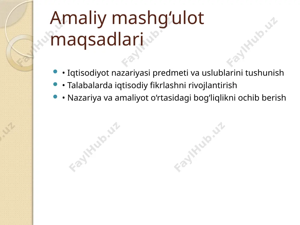 ir. ( … ) kuzatish va eksperiment iqtisodiy tahlilning amaliy uslublariga kiradi. ( … ) “predmet” – fan nimani o‘rganishini bildiradi. ( … ) iqtisodiyot nazariyasi faqat davlat sektoriga taalluqlidir. ( … ) “o‘zingni sinab ko‘r” (mini-esse) mavzu: “nega iqtisodiyot nazariyasi har bir inson uchun zarur?” 5–6 jumladan iborat qisqa matn yozing. “iqtisodiy dilemmalar” har bir guruh quyidagi vaziyatlardan birini muhokama qiladi va iqtisodiyot nazariyasi nuqtai nazaridan tahlil qiladi: davlat byudjetida ta’lim va sog‘liqni saqlashga ajratmalarni ko‘paytirish yoki infratuzilma qurilishiga sarflash. tadbirkorlik uchun kredit resurslarini arzonlashtirish yoki ijtimoiy nafaqalarni oshirish. cheklangan yer maydonidan qishloq xo‘jaligi ishlab chiqarishda foydalanish yoki uni sanoat hududi sifatida ajratish. har bir guruh qarorini asoslab beradi. “iqtisodiy kategoriyalarni aniqlang” quyidagi jumlalarni o‘qing va qaysi iqtisodiy kategoriya haqida gap ketayotganini belgilang: insonlar cheklangan resurslar sharoitida ehtiyojlarini qondirishga intiladi. ( … ) davlat iqtisodiy faoliyatni tartibga solish uchun soliqlarni belgilaydi. ( … ) biror tovarning narxi oshganda, unga …
