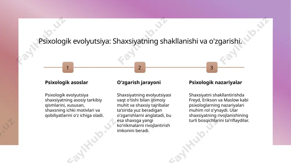 niy kontekstda yangiliklar. 1 madaniy o'zgarishlar madaniyat, shaxsiyatning o'zgarishida muhim rol o'ynaydi. mahalliy urf-odatlar va yangi qadriyatlar shaxsiy rivojlanishni shakllantiradi. 2 innovatsiyalar va ta'sir innovatsiyalar va globalizatsiya shaxsiyatni yangilashda muhim omil bo'lib, yangi g'oyalar va uslublar shaxslar o'rtasida almashinadi. 3 o'zbek madaniyatidagi yangiliklar o'zbek madaniyatida zamonaviy o'zgarishlar, an'analarning yangilanishi va yangi ijodiy yo'nalishlar shaxsiyatni rivojlantirishga yordam beradi. shaxsiyat va madaniyat: tarixiy nuqtai nazar. 1 shaxsiyat va tarix shaxsiyat tarixi, insonlarning sivilizatsiya davomida qanday o'zgarishlarga duch kelganini ko'rsatadi. tashqi omillar shaxsiyatni shakllantirishda muhim rol o'ynaydi. 2 madaniyatning ta'siri madaniyat, shaxsiyatni shakllantirishda muhim omil hisoblanadi. har bir madaniyat o'ziga xos qadriyatlar va an'analar orqali shaxsiyatni o'zgartiradi. 3 tarixiy kontekst tarixiy kontekst, shaxsiyat evolyutsiyasini tushunishda zarur. insonlarning tarixi, madaniyati va ijtimoiy o'zgarishlari shaxsiyatga ta'sir ko'rsatadi. xulosa 1 shaxsiyat va evolyutsiya shaxsiyat evolyutsiyasi biologik va psixologik omillar bilan bog'liq. tarixiy kontekst shaxsiy rivojlanishga ta'sir ko'rsatadi va madaniyatni shakllantiradi. 2 biologik va madaniy ta'sir genetika …