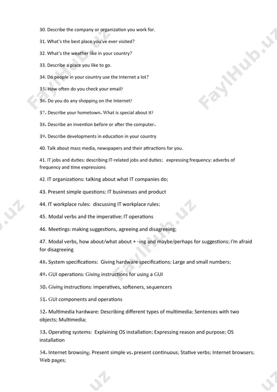 ompanies do; 43. present simple questions; it businesses and product 44. it workplace rules: discussing it workplace rules; 45. modal verbs and the imperative; it operations 46. meetings: making suggestions, agreeing and disagreeing; 47. modal verbs, how about/what about + -ing and maybe/perhaps for suggestions; i’m afraid for disagreeing 48. system specifications: giving hardware specifications; large and small numbers; 49. gui operations: giving instructions for using a gui 50. giving instructions: imperatives, softeners, sequencers 51. gui components and operations 52. multimedia hardware: describing different types of multimedia; sentences with two objects; multimedia; 53. operating systems: explaining os installation; expressing reason and purpose; os installation 54. internet browsing; present simple vs. present continuous; stative verbs; internet browsers; web pages; 55. network: defining networking concepts; relative clauses; networks; 56. mobile computing: explaining advantages of mobile devices 57. zero and first conditionals; mobile computing; 58. email: specifying about emails; definite and indefinite articles; …