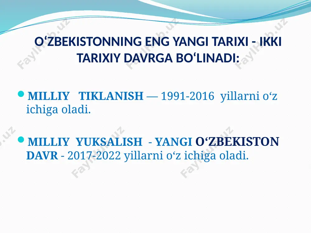 ha 6. sovetlar (sho’ro) davri 1917-1991 yillar 7. milliy istiqlol davri. 1991-2022 yillar 2012 yil 27 yanvarda о‘zbekiston respublikasi oliy va о‘rta maxsus ta’lim vazirligi huzurida о‘zbekistonning eng yangi tari­xi bо‘yicha jamoatchilik kengashi tashkil etildi (pq-1694). 2017 yil 17 fevralda oliy va о‘rta maxsus ta’lim vazirligi huzuridagi о‘zbekistonning eng yangi tarixi bо‘yicha jamoatchilik kengashi о‘zbekiston respublikasi fanlar akademiyasi huzuridagi о‘zbekistonning eng yangi tarixi bо‘yicha jamoatchilik kengashiga aylantirish bo’yicha prezident qarori (pq-2789) qabul qilindi. 2017 yil 30 iyunda пқ-3105 “o’zr fa huzurida o’zbekistonning eng yangi tarixi bo’yicha jamoatchilik kengashi” tashkil etildi. 2019 yil 11 iyulda “o’zbekiston tarixi” telekanalini tashkil etish chora-tadbirlari to’g’risida” o’zbekiston respublikasi prezidentining qarori (pq-4390) qabul qilindi. e’tiboringiz uchun rahmat image2.jpeg image3.jpeg image4.jpeg image5.jpeg image6.jpeg image7.jpeg image8.jpeg image9.jpeg image10.jpeg /docprops/thumbnail.jpeg