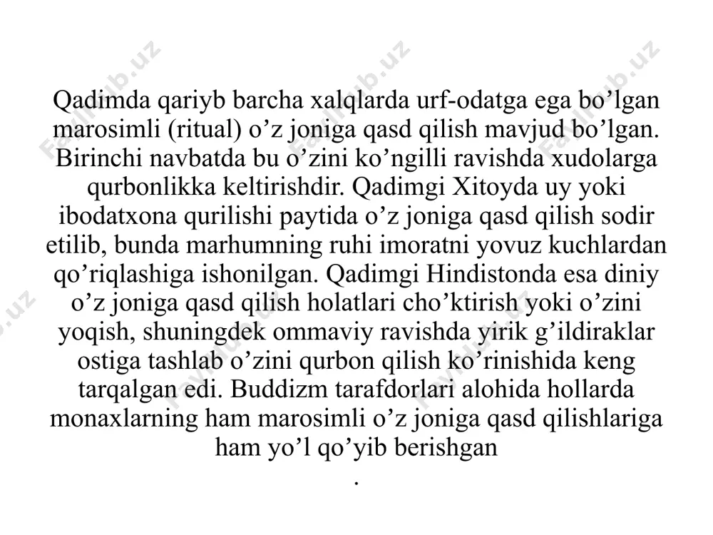 toʼrt turini aniqladi: gʼayritabiiy, fatalistik, xudbin altruistik. 8 birinchi ikkitasi jamiyatning ijtimoiy hayotini tartibga solish bilan bogʼliq, ikkinchisi ikki shaxs xususiyatlari bilan bogʼliq. gʼayritabiiy oʼz joniga qasd qilish (anomiya – qonunni buzish) jamiyatlarda ijtimoiy tartibga solishni toʼsatdan buzgan holda sodir boʼladi gʼаyritаbiiy oʼz jonigа qаsd qilish ijtimoiy beqarorlik, ijtimoiy qadriyatlarning buzilishi bilan ortadi. fаtаlistik oʼz joniga qasd qilish avtokratik jamiyatlarda, shaxsiy xulq-atvorni qatʼiy tartibga soluvchi ijtimoiy tuzilmalarda sodir boʼladi. bu qamoqxonalar, armiya va harbiylashtirilgan tashkilotlarga tegishli xudbin oʼz joniga qasd qilish jamiyatning yetarli darajada integratsiyalashuvi bilan belgilanadi, ijtimoiy formatsiyalar inson xatti-harakatlarini tartibga solish va aniqlashni toʼxtatadi. shaxs, qachon yolgʼiz kolsa , oʼz joniga qasd xatti koʼproq moyil boʼladi. ushbu tur oʼz joniga qasd qilish ajrashgan, keksa va kasallarda uchraydi bir qismi sifatida "men" ni yoʼqotish hissi boʼlgan odamlar аltruistik oʼz joniga qasd qilish ijtimoiy integratsiya boʼlgan hollarda sodir boʼladi suitsidologiyaning asoschilaridan biri e.shneydman suitsidning oʼnta umumiy psixologik xarakteristikasini ajratib, ularning …