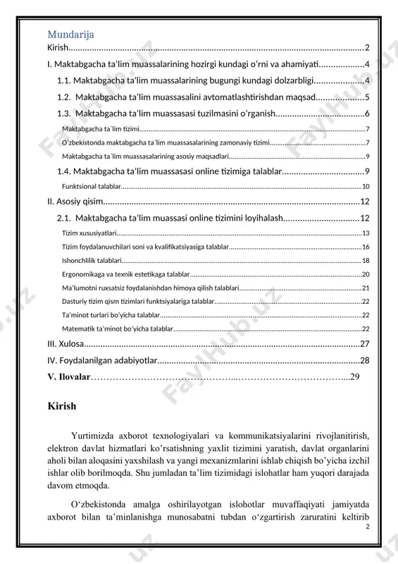 an ta’lim tizimidagi islohatlar ham yuqori darajada davom etmoqda. o‘zbekistonda amalga oshirilayotgan islohotlar muvaffaqiyati jamiyatda axborot bilan ta’minlanishga munosabatni tubdan o‘zgartirish zaruratini keltirib chiqarganligi sababli, hozirgi kunda zamonaviy kompyuter va telekommunikatsiya tizimlari hamda texnologiyalarini barcha sohalarda qo‘llash va yanada rivojlantirishga g’oyat muhim e’tibor qaratilmoqda. yurtimizda olib borilayotgan islohatlarni zamirida axborot texnologiyalarini o’rni benihoya katta. barchaga ma’lumki bugungi juda tez suratlarda taraqqiy etayotgan hayotni, texnika-texnologiya, axborot kommunikatsiya texnologiyalari, telefon, internet, kompyuterlarsiz tasavvur qilishning imkoni yo’q. bu texnologiyalar bizning kundalik yumushlarimizni shu qadar yenglillashtirganki, endilikda bulardan voz kechishning emas, balki uzoqlashishning ham imkoni mavjud emas. bugungi kunda kompyuter va axborot texnologiyalari, telekommunikatsiyalar tarmoqlarini, ma’lumotlar uzatishni, internet xizmatlariga kirib borishni rivojlantirish va zamonaviylashtirish respublikamizda ustuvor o‘rinlarga chiqmoqda. o'zbekiston respublikasi mustaqillik odimlarini dadil qo'yayotgan hozirgi davrda, axborotlashgan jamiyat qurish masalasi mamlakatimiz uchun naqadar katta ahamiyat kasb etayotgani hech kimga sir emas. respublikamizda jamiyatimizni axborotlashtirish maqsadida bir qancha qaror va qonunlar qabul qilindi. masalan, 1993- …