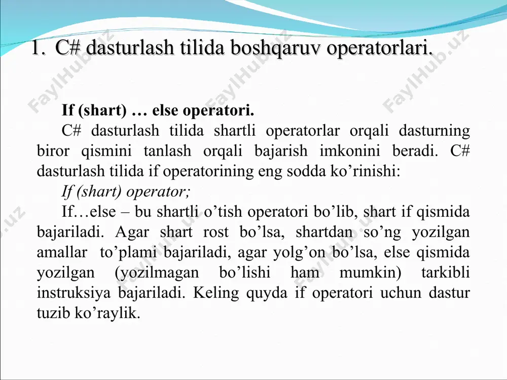 ohida-alohida ish bajarishimiz mumkin. va ularning har birini malumotlar bazasiga ulab qo’yamiz. biz ilovani tayyorlash davomida tekshirib borishimiz ham mumkin. uning uchun ishga tushurish buyrug’ini tanlashimiz kifoya. formaga bir nechta boshqaruv elementlarini ham qo’shishimiz kerak. misol uchun yuqori burchakdagi yopish tugmasini bosganimizda dasturimizdan chiqib ketishi kerak. buning uchun shu tugmani ikki marta bosamiz va hosil bo’lgan maydonga quydagi kodni yozamiz: private void button2_click(object sender, eventargs e) { this.exit(); } shunday qilib biz dasturimizga sinflar, dars jadvali, o`qituvchilar ro’yxati va chiqish tugmalarini joylashtirdik. va har bir tugma uchun alohida oyna, ya’ni usercontrol hosil qildik. mana dasturimizning old oynasi. bunda har bir tugmani bosganimizda maxsus usercontrol oynasi ochiladi. dasturimiz oynalarining dizaynlari. e’tiboringiz uchun rahmat!