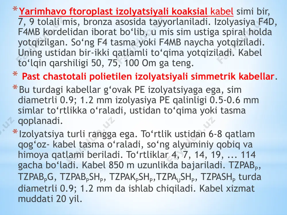 bilan belgilanadi. e’tiboringiz uchun raxmat mavzu bo‘yicha qo‘shimcha ma’lumotlarni tegishli adabiyotlardan foydalangan xolda o‘zlashtiring image1.png image2.png image3.emf material yonuvchanlik ko‘rsatkichi kislorodli indeks % solishtirma yonish issiqligi, mm/kg polietilen 16–18 46,5 so‘nuvchan polietilen 25–27 46,6 polivinilxlorid (qatroni) 45 20 polivinilxlorid plastikat 23–27 22,6 xloropren kauchukli rezina 22–25 29 ftoroplast 95 4,5 /docprops/thumbnail.jpeg