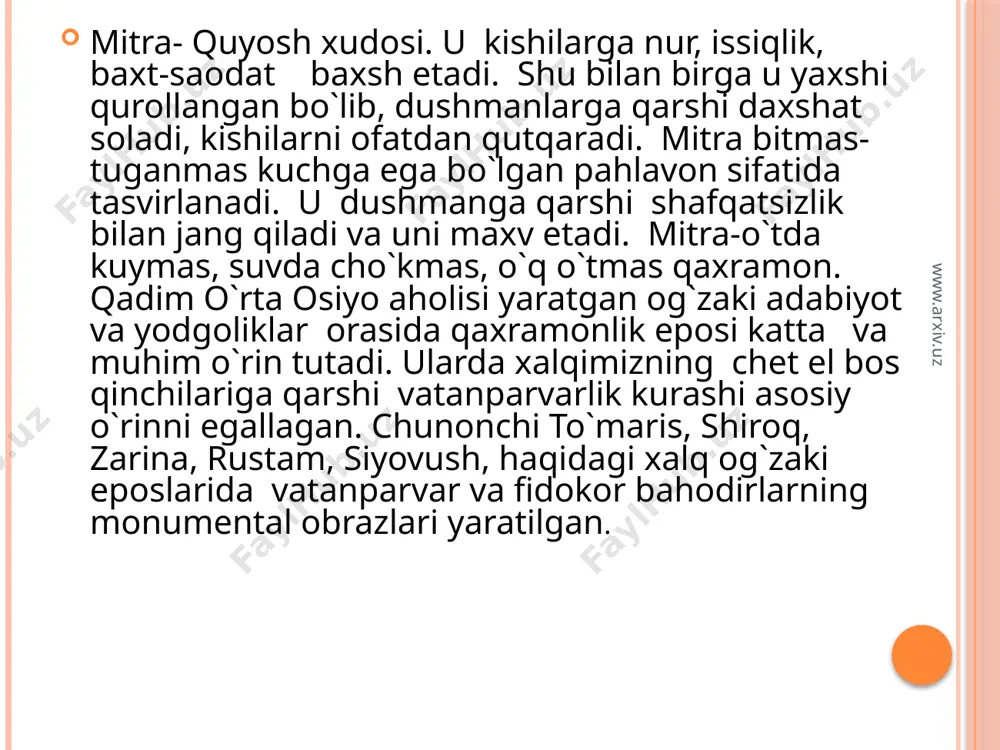 - 632, madina). o`z targ`ibotini u 609-610 yillarda makkada boshlagan va qarshilikka uchragan, 622 yilda madinaga ko`chgan. arab tilida "ko`chish", "xijrat" deyiladi va shundan xijriy yil hisobi boshlanadi. islom dini, avval boshidanoq, insonni o`qib-o`rganishga, ilm vositasi bilan dunyoni anglab yetishga da`vat qiladi. qur`onda "ilm" so`zidan chiqqan "alima" (bilmoq) so`zi 750 marotaba uchraydi. www.arxiv.uz islom dini kibrni qoralaydi, qabilachilik xurofotlariga keskin qarshi chiqadi, irqiy birodarlik o`rniga insoniy birodarlik jamoasi-"umma" tushunchasini kiritadi. bu narsa insoniyatning ma`naviy takomilida muhim burilish nuqtasi bo`ldi. ilohiyotda islom dini uch elementdan iborat-iymon, islom va ehsondan iborat deb etirof etilgan iymon talablari 7ta aqidani -allohga, farishtalarga, muqaddas kitoblarga, payg`ambarlarga, oxirat kuniga, taqdirning ilohiyligiga va o`lgandan keyin tirilishiga ishonish talablarini o`z ichiga oladi. islom talablariga, yani din asoslari-arkon ad-din deb nom olgan 5 ta amaliy marosimchilik talablari-kalima keltirish-namoz o`qish-ro`za tutish zakot berish va imkoniyat topilsa xaj qilish talablari kiradi. www.arxiv.uz www.arxiv.uz islom kishilar ongi va turmushiga tasir etishi, ular …