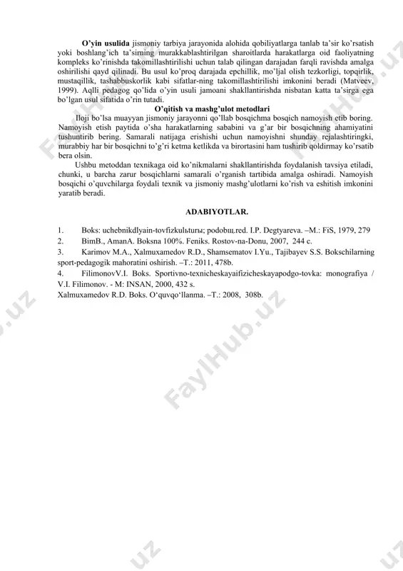 ’i asosida usullarning guruh ko’rinishida o’zlashtirilishi (sheriksiz holatda); ikki qator saf ko’rinishida joylashgan holatda, murabbiyning umumiy buyrug’i asosida, usulning guruh ko’rinishida (sherik bilan) o’zlashtirilishi; zal (maydon) bo’ylab erkin holatda harakatlanish asosida, murabbiy tomonidan berilgan topshiriq bo’yicha usulning mustaqil tarzda, juft holatda o’zlashtirilishi; sheriklarning berilgan aniq, tor doiradagi topshiriq asosida harakatlanishi asosida shartli jang olib borish; murabbiy bilan «yassi qo’lqopda» yoki qo’lqopda ishlash asosida bokschining yakka tartibda usulni o’zlashtirishi; keng ko’lamdagi texnik – taktik topshiriqlar asosida shartli jang olib borish; erkin jang olib borish (sheriklarning harakatlari cheklanishlarsiz holatda). xujum texnikasini o’rgatish usullari. harakat sifatini rivojlantirishga yo’naltirilgan usullar o’zaro intensivlik va dam olish tavsifi bo’yicha, shuningdek sportchi faoliyatini tashkil qilishning shakllari xususiyatlari bilan farqlanadi. amaliy mashg’ulotlarda quyidagi usullardan foydala-niladi: bir tekisda, tanaffus bilan (uzilishlar bilan), takroriy holatda, intervalli (oraliqli), o’yinga oid, musobaqaga oid va doira (davra) tavsifida. bir tekisdagi usulda mashqlar doimiy, o’z navbatida o’rtacha inten-sivlik qiymatida nisbatan davomiylikdagi vaqt davomida bajariladi. …