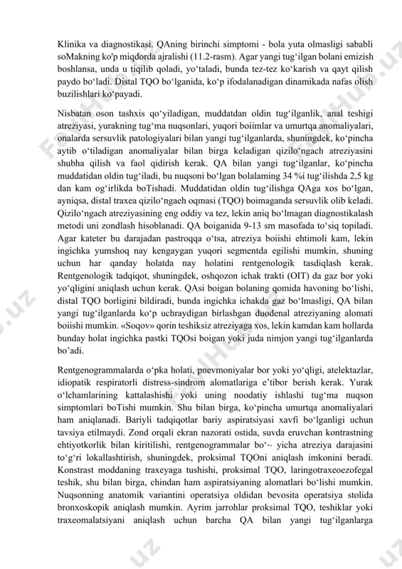 har qanday shaklida auerbax tolalarida asab to‘qimasi miqdori ham yuqori, ham pastki segmentda norma bilan taqqoslaganda ancha kam. biroq, distal bo’limda bu yetishmovchilik ko‘proq ifodalangan. auerbax tolasining tadqiqoti qaga ega, operatsiya qilinmagan bolalarda o‘tk:azilgan ekan, olingan matumotlar shubhasiz, aniqlangan o‘zgarishlaming tug‘ma xususiyati haqida gapirish imkonini beradi. patofiziologiyasi. qizilo‘ngach atreziyasida sotak va ovqat (agar tashxis qo‘yilmagan nuqsonda bolani ovqatlantira boshlansa) oshqozonga o‘tmaydi va aspiratsiyalanadi. proksimal tqo boiganida, yuqori segment tarkibi traxeyaga oqma orqali ham tushadi. natijada nafas olishning bizilishi, atelektazlar va pnevmoniya hosil bo‘ladi. distal tqo orqali havo va suyuqlik ikkala yo‘nalishda ham o‘tishi mumkin. agar bola baqirsa, yo‘talsa, kuchansa, unda intratraxeal bosim oshadi va havo fistula orqali qizilo‘ngachga itariladi. oshqozon va ingichka ichak havo bilan totgan holda cho‘ziladi, buning natijasi diafragmaning baland turishi hisoblanadi. havo va oshqozonning nordon tarkibi reflyuksi cho‘zilgan oshqozondan fistula orqali traxeyaga atelektaz va bakterial pnevmoniyani rivojlanishiga sharoit ya~ ratadigan traxeobronxitga olib keladi. izolatsiyalangan tqoda bu asoratlar …