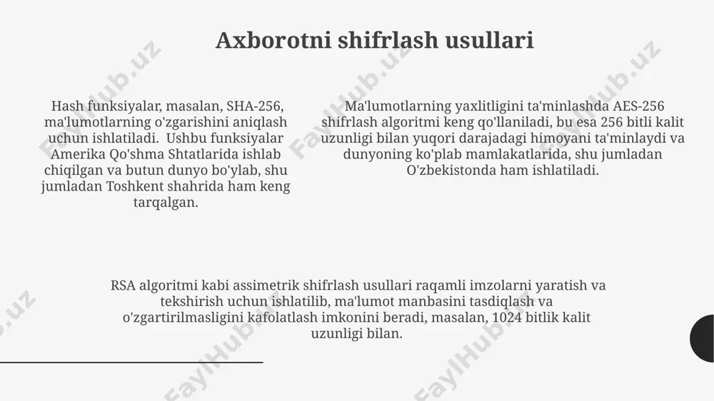 atish bo'lib, kamida har 24 soatda, toshkentdagi 3 ta alohida joylashgan serverlarga nusxa ko'chirish orqali amalga oshiriladi. kirish nazorati va ruxsatlarni boshqarish xodimlarga berilgan ruxsatlarni muntazam ravishda (har 3 oyda) ko'rib chiqish va yangilash orqali, andijondagi ma'lumotlar markazida avtorizatsiya qilingan foydalanuvchilar sonini nazorat qilish va ichki tahdidlarni kamaytirishga erishiladi. ma'lumotlar bazasiga kirish uchun 128-bitlik aes shifrlash va ruxsatlarni boshqarish ro'yxati (access control list - acl) yordamida ma'lumotlarning yaxlitligini ta'minlash, samarqanddagi filialga kirishni cheklash uchun qo'llaniladi. kirish nazorati va ruxsatlarni boshqarish tizimi 3 darajali autentifikatsiyani, shu jumladan, ikki omilli autentifikatsiyani (2fa) va biometrik tasdiqlashni qo'llab-quvvatlaydi, bu esa toshkentdagi serverlarga kirishni himoya qilishni kuchaytiradi. e'tiboringiz uchun rahmat @taqdimot_robot