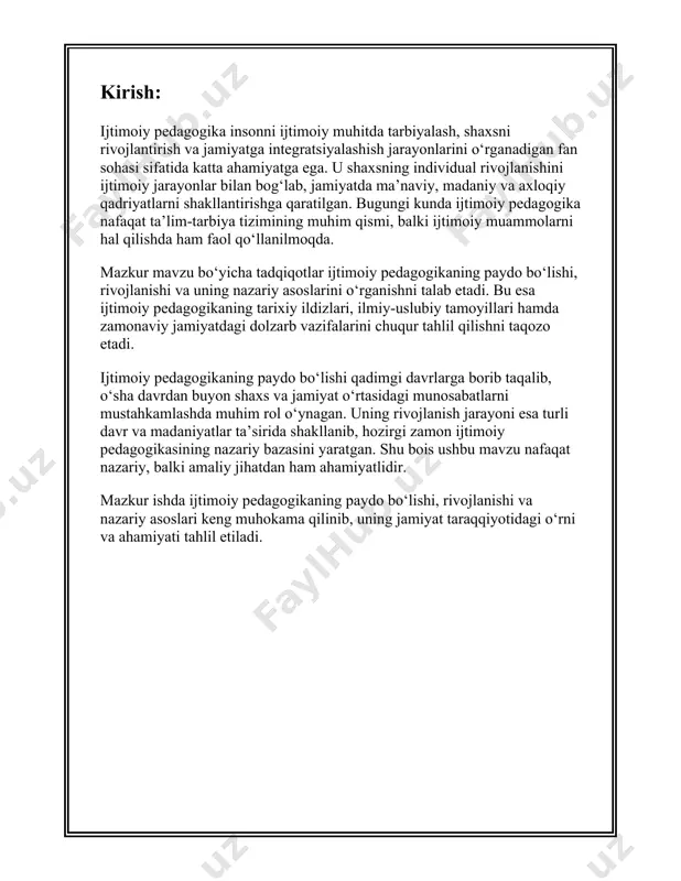 ar ijtimoiy pedagogikaning nazariy asoslarini rivojlantirishga katta hissa qo‘shdilar. ijtimoiy pedagogika yildan-yilga rivojlanib, ijtimoiy muammolarni hal etishda muhim ahamiyat kasb eta boshladi. bugungi kunda ijtimoiy pedagogika jamiyatdagi turli xil ijtimoiy guruhlar bilan ishlashda, ularni qo‘llab-quvvatlashda va ijtimoiy adolatni ta'minlashda samarali usul va dasturlarni taklif qiladi. ijtimoiy pedagogika bugungi kunda juda ko‘p qirralarni o‘z ichiga oladi va faqat maktab yoki ta'lim muassasalarida emas, balki kengroq jamiyatda, hattoki oilaviy va mahalliy darajada ham tatbiq etiladi. uning ijtimoiy inklyuziya, ijtimoiy xizmatlar, notijorat tashkilotlari va mahalliy hamjamiyatlar bilan ishlashdagi o‘rni juda katta. ijtimoiy pedagogikaning zamonaviy namoyandalari jamiyatdagi tengsizliklar, ijtimoiy inklyuziya, muhojirlar va qochqinlar bilan ishlash kabi masalalarga yechim topishda faol ishtirok etmoqdalar. shu bilan birga, bu soha ijtimoiy siyosat va ta'lim tizimlarida ham muhim ro‘l o‘ynaydi. 2. ijtimoiy pedagogikaning rivojlanishi ijtimoiy pedagogika – bu shaxsning ijtimoiy muhitdagi rivojlanishi va tarbiyasini o'rganadigan fan sohasidir. zamonaviy ijtimoiy pedagogikaning rivojlanishi turli tarixiy bosqichlarni o'z ichiga oladi va …