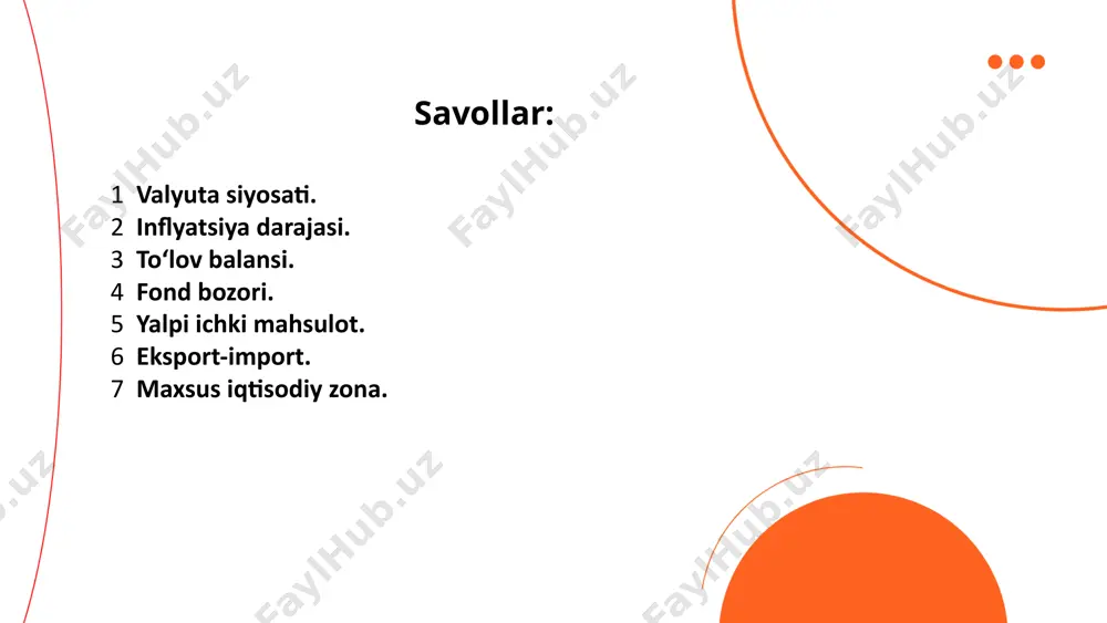 tida fed iqtisodiyotni qo‘llab-quvvatlash uchun kengaytirilgan pul-kredit siyosatini qo‘lladi. bu davrda foiz stavkalari nolga yaqin bo‘lib, pul massasi va likvidlik oshirildi. 2022-2023-yillar: fed yuqori inflyatsiyani jilovlash uchun foiz stavkalarini keskin oshirdi. ushbu siyosat global moliya bozorlarida dollarni kuchaytirib, iqtisodiy o‘sish sur’atlarini sekinlashtirdi. ... t.me/slaydai_bot 2 inflyatsiya darajasi. inflyatsiya darajasi aqsh iqtisodiyotining asosiy ko‘rsatkichlaridan biri bo‘lib, iste’mol narxlari indeksiga (cpi) asoslanadi. quyida oxirgi yillardagi inflyatsiya darajasi yillik foizlarda keltirilgan. inflyatsiya fedning 2% atrofidagi uzoq muddatli maqsadlariga yaqin bo‘lib, iqtisodiy o‘sish barqaror edi. iqtisodiy tiklanish, ta’minot zanjiri uzilishi va yuqori talab inflyatsiyani 40 yil ichida eng yuqori darajaga ko‘tardi. pandemiya davrida iqtisodiy rag‘bat dasturlari va pul massasi ko‘payishi inflyatsiyani oshirishga zamin yaratdi. energiyaga bo‘lgan yuqori talab va global ta’minot zanjiri uzilishlari inflyatsiya darajasining rekord darajada oshishiga olib keldi. fed tomonidan foiz stavkalarining oshirilishi va iqtisodiy siyosat choralarining qabul qilinishi inflyatsiya darajasini pasaytirishga yordam berdi. yil davomida energiya narxlarining pasayishi va global iqtisodiy …