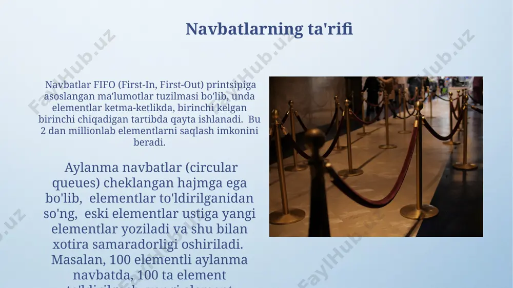 iyalarini o'z ichiga oladi. navbatlarning afzalliklari navbatlar ma'lumotlarning fifo (first-in, first-out) tartibda qayta ishlanishini ta'minlaydi, bu esa adolatli va samarali resurslar taqsimlanishini, masalan, 100 ta so'rovni qayta ishlashda, navbatsiz holatga nisbatan ancha tezroq bajarilishini kafolatlaydi. navbatlar yuqori yuklamalarga chidamliligi bilan ajralib turadi, chunki ular kiruvchi so'rovlarni to'playdi va ularni ma'lum bir tezlikda qayta ishlaydi, bu esa tizimning ishlashini barqarorlashtiradi va 20% gacha yuk osishini yengillashtiradi. navbatlar va ma'lumotlar tuzilmalari navbatlar fifo (first-in, first-out) printsipiga amal qiladi, ya'ni birinchi kelgan element birinchi bo'lib qaytariladi, bu esa ma'lumotlarni ketma-ketlikda qayta ishlash uchun juda samarali bo'ladi. o'rtacha murakkablik o(1) ga teng bo'lgan operatsiyalar tezkor bajariladi. aylanma navbatlar (circular queues) chekli massivdan foydalanib, navbatning to'lganligini aniqlash uchun qo'shimcha xotira sarfini kamaytiradi va bu esa 1000 dan ortiq elementlar bilan ishlashda samaradorlikni oshiradi. navbatlarning kamchiliklari navbat tizimlaridagi noaniqlik va bashorat qilib bo'lmaslik, mijozlarning qoniqish darajasini pasaytiradi va potentsial mijozlarni yo'qotishiga olib kelishi mumkin, bu esa …