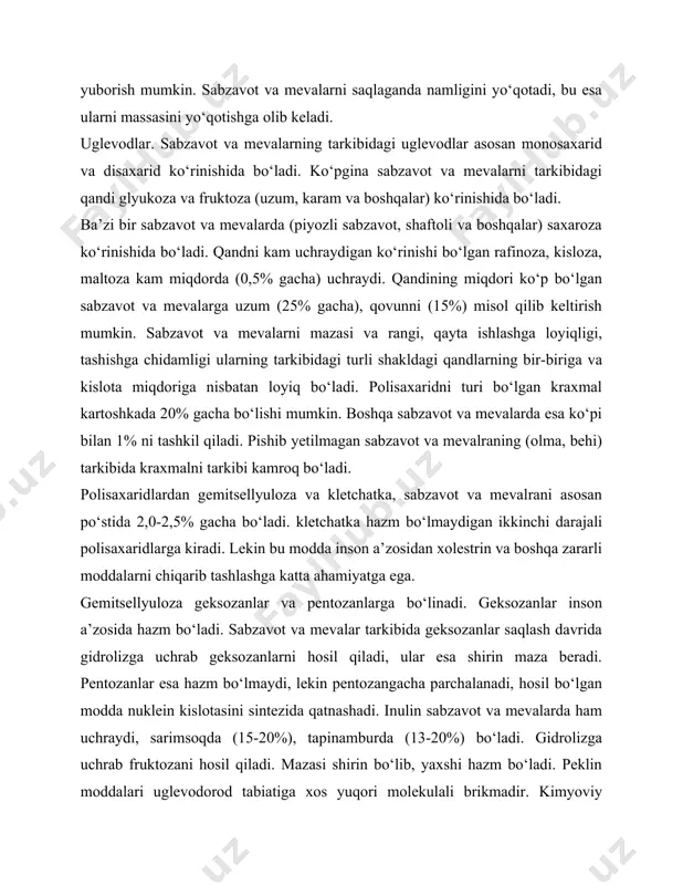 moddalari uglevodorod tabiatiga xos yuqori molekulali brikmadir. kimyoviy jihatdan protopektin, pektin va pektin kislotaga bo‘linadi. protopektin moddasi pektinni kompleks polimeridir, ya’ni pektinni molekula qoldig‘i kalsiy, magniy va fosfor orqali sellyuloza va gellitselyulozaga brikkan. protopektin fermentlar ta’sirida yoki qaynatilganda pektin, sellyuloza va gemmitselyuloza hosil bo‘ladi. protopektin moddasi suvda erimaydi, to‘qimaga qattiqlik beradi. pektin metil efiri qoldig‘i bilan pektin kislotani kislorod orqali bog‘langan polimeridir. pektin mahsulolarni quyulturuvchi xususiyatiga ega. pektinni g‘uyulturuvchi xususiyatiqand va kislotani konsentratsiyasiga va muhiti rn ga bog‘liqdir. pektinnni quyultirish uchun kerak bo‘lgan moddalarning optimal miqdori (% da): qand-60, kislota-1, pektin-0,5-1,5; rn-3,1-3,5 bo‘lishi kerak. toza holda ajratib olingan poroshok yoki konsentrat holdagi pektinni ko‘pgina qandli qandolat mahsulotlarini (djem, varenye, povidlo, marmelad, pastila va boshqalar) quyultirishga ishlatiladi. sabzavot va mevalarani qaynatilganda protopektin pektinga aylanadi va ularni yumshatadi. karamni tuzlaganda pektin moddasi kalsiy ionini biriktirib olishi natijasida tayyor mahsulot qirsildoq bo‘ladi. organik kislotalar. organik kislotalar sabzavot va mevalrani hujayrasida bog‘liq yoki erkin …