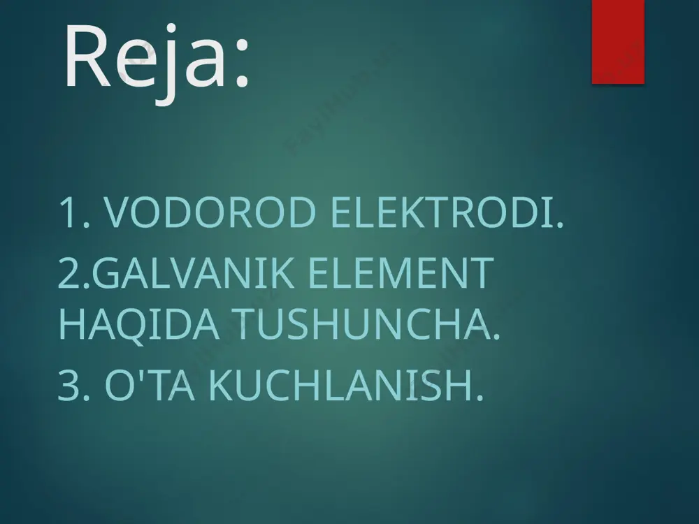 asi (faolligi) ni o'lchashda qo'llaniladi.mundarija 1 u vs nhe va rhe 2 platinani tanlash 3 shovqin 4 izotop ta'sir 5 qurilish 6 shuningdek qarang 7 adabiyotlar 8 tashqi havolalar ushbu birliksiz faollik koeffitsientlari juda suyultirilgan suv eritmalari uchun 1,00 ga yaqin, ammo ko'proq konsentrlangan eritmalar uchun odatda pastroq. the nernst tenglamasi quyidagicha yozilishi kerak: qaerda: ah+ bo'ladi faoliyat vodorod ionlari, ah+ = fh+ch+ / c0 ph2 ning qisman bosimi vodorod benzin, yilda paskallar, pa r bo'ladi universal gaz doimiysi t harorat, yilda kelvinlar f bo'ladi faraday doimiy (bir mol elektron uchun zaryad), 9,66485309 × 10 ga teng4 c mol−1 p0 standart bosim, 105 standart vodorod elektrodining sxemasi: platinlashtirilgan platina elektrod vodorod gazi kislota eritmasi h bilan+ = 1 mol dm−3 kislorod aralashuvining oldini olish uchun gidroseal galvanik elementning ikkinchi yarim elementi biriktirilishi kerak bo'lgan suv ombori. ulanish to'g'ridan-to'g'ri, aralashtirishni kamaytirish uchun tor trubka orqali yoki a orqali bo'lishi mumkin tuz …