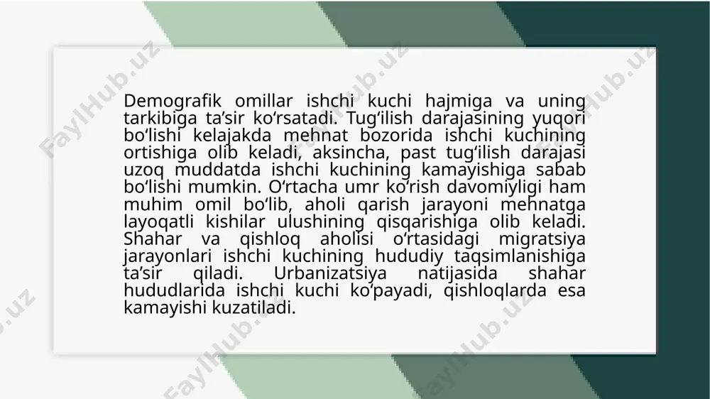 ing mehnat bozoridagi raqobatbardoshligini belgilaydi. yuqori malakali ishchilar mehnat bozorida talabgor bo‘lib, ularning ishlash imkoniyatlari kengayadi. ta’lim darajasining ortishi ishlab chiqarish unumdorligini oshirib, innovatsion texnologiyalarni joriy etish imkoniyatlarini yaratadi. malakali ishchi kuchiga bo‘lgan ehtiyojning ortishi, ayniqsa, texnik va ilmiy sohalarda, malaka oshirish dasturlarini talab qiladi. ta'lim va malaka darajasi ishchi kuchining sifatini belgilovchi muhim omil bo‘lib, iqtisodiyotning rivojlanishiga bevosita ta’sir qiladi. yuqori ta’lim va ixtisoslashgan malakaga ega ishchilar mehnat bozorida ko‘proq imkoniyatlarga ega bo‘ladi. malaka oshirish kurslari va kasbiy ta'lim dasturlari yangi texnologiyalarni joriy etish va ishlab chiqarish jarayonlarini optimallashtirish uchun zarur. kam ta’limli yoki malakasiz ishchilar esa kamroq maosh oladi va mehnat bozorida talabgor bo‘lishi qiyinlashadi. shuningdek, ta’lim darajasining oshishi yoshlar orasida yangi ish o‘rinlari yaratish imkoniyatlarini kengaytiradi va ularning iqtisodiy faoliyatga qo‘shgan hissasini oshiradi. ta'lim va malaka darajasi ishchi kuchining samaradorligi va mehnat bozoridagi yuksalishini belgilaydi. yuqori ta’limga ega va malakali ishchilar ish joylarida tezroq o‘sishga erishadilar, chunki …