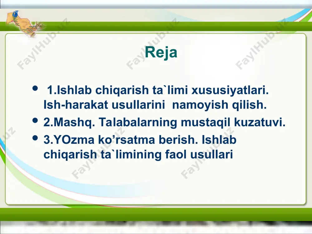 o`plab usullari ishtirok etadi. shu bilan bog’liq ravishda faqat ishlab chiqarish ta`limi uchun xos bo`lgan metodlarni ko`rib chiqamiz. bularga to`rt pog’onali, xarakat usulini namoyish qilish, mashqlar, talabalarning mustaqil kuzatishi, yozma ko`rsatmalar, mehnatga ijodiy yondashuvning shakllantirish, shuningdek ishlab chiqarish ta`limining ba`zi «faol» usullari kiradi. kasb hunar kollejlarida talabalar o`z tanlagan kasb ko`nikmalarini shakllantirish imkoniyatiga ega bo`lishlarida «to`rt pog’onali usuli» eng samarali usul hisoblanadi. bu usul o`zbekiston respublikasi aqsh va evropaning bir qancha davlatlari kasb hunar ta`limida keng qo`llaniladi. bu usulda amaliy ko`nikmalarni o`zlashtirish jarayoni quyidagi to`rt bosqichda amalga oshiriladi. amaliy o`qituvchisi talabalarga avval bajariladigan kichikroq bir ishni tushuntirib beradi, so`ngra qanday tartibda bajarilishini qilib ko`rsatadi. keyin talaba shu ishni ko`rsatilgan tarzda qaytarishi (immitatsiya) kerak. talaba qaytarib qilayotgan paytda amaliyot o`qituvchisi uning xatolarini to`g’rilab turadi. talaba ushbu mashqni bir necha marotaba qaytarishi kerak. ish harakati usullarini namoyish qilish metodi. bu metodini qo`llashdan maqsad talabalar ongiga ish harakatining aniq ko`rish tarzini yaratishdir. ish …
