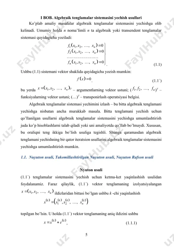 kkabligi ortishi bilan yaqinlashish sohasi torayib boradi. xususiy hol. hisoblash amaliyotida n=2 bo’lgan hol ko’p uchraydi. buni, masalan, f(z)=0 algebraik tenglamaning kompleks ildizlarini topishda ham ko’rish mumkin. haqiqatan ham, agar ushbu va funksiyalarni kiritsak, z - kompleks ildizning x – haqiqiy qismi va y – mavhum qismi quyidagi ikki noma’lumli ikkita algebraik tenglamalar sistemasini taqribiy yechishdan hosil bo’ladi: (1.1.6) bu taqribiy hisoblashni nyuton usuli yordamida aniqlik bilan bajaraylik. d sohaga tegishli - nolinchi yaqinlashishni tanlab olamiz. (1.1.3) dan quyidagi chiziqli algebraik tenglamalar sistemasini tuzib olamiz: (1.1.7) quyidagi belgilashlarni kiritamiz: (1.1.8) (1.1.7) sistemani larga nisbatan, masalan, kramer usuli yordamida yechamiz. kramer formulalarini quyidagicha yozamiz: (1.1.9) bu yerda (1.1.7) sistemaning asosiy determinanti quyidagicha: , (1.1.10) (1.1.7) sistemaning yordamchi determinantlari esa quyidagicha: ; . larning topilgan qiymatlarini (1.1.8) ga qo’yib, (1.1.7) sistemaning - birinchi yaqinlashishi komponentalarini topamiz: . (1.1.11) quyidagi shartning bajarilishini tekshiramiz: , (1.1.12) agar bu shart bajarilsa, u holda birinchi yaqinlashishni …