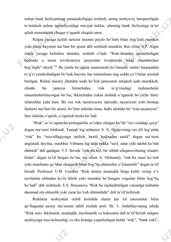 chiqarish bilan bog’liq ehtimollar o’lchamidir” degan ta’rif beradi. professor v.m. usoskin “risk doimo noaniqlik birga kelib, oxirgi o’z navbatida oldindan ko’ra bilish yoki mumkin bo’lmagan voqealar bilan bog’liq bo’ladi” deb izohlaydi. e.s. stoyanova “risk bu rejalashtirilgan variantga nisbatan daromad ola olmaslik yoki zarar ko’rish ehtimolidir” deb ta’rif keltiradi. risklarni mohiyatini ochib berishda ularni har xil sinonimlar bilan qo’llaganda asosiy ma’nosini tahlil etishda prof. sh. 3. abdullaevaning ishida “risk xato, ikkilanish, noaniqlik, mavhumlik va hokozalar deb ta’rif berish xalqaro amaliyotga mos kelmasligi va shu holatga yaqinlashgan holda “risk”, “bank riski”, “kredit riski” deb yuritsak maqsadga muvofiq” deb hisoblanadi. har bir faoliyatni amalga oshirishda ikkilanish yoki xavf-xatar bo’lishi mumkin. bank faoliyatida risklarning yuzaga kelishining quyidagi sabablari mavjud: · bozorni yaxshi o’rganmaslik; · resurslarni jalb qilish va ularni joylashtirish sohasida ma’lumotlarning noto’g’riligi yoki etarli emasligi; · kreditlanadigan loyiha, ob’ekt va mijozlar to’g’risida, ularning moliyaviy holati to’g’risidagi ma’lumotlarning noto’g’riligi yoki to’liq emasligi; · tarmoqlar …