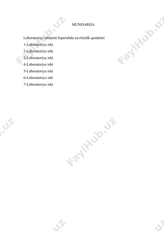 ultlarga yaqinlashish va ularni, oʻchirib-yoqish ishlarini oʻzboshimchalik bilan qilish qathiy taqiqlanadi; kuchlanish ostida boʻlgan sxemani uning izolyatsiya qilinmagan tok oʻtkazuvchi qismiga kimdir tegib turgan boʻlsa ulash, sxema ulanishini almashtirish, elektr mashinalari ishlab turganda uni aylanuvchi qismlariga tegish yoki ustiga yaqin masofada egilish, laboratoriya qurilmasini yoki uning kuchlanish ostida boʻlgan ayrim asboblarini kuzatuvchisiz qoldirish mutlaqo mumkin emasdir; 3) siljigichlar yoki ishga tushirish apparaturalarining dastagi jildirilganda albatta qoʻl izolyatsiya qilingan dastagiga tegib turganligiga ishonch hosil qilish kerak; 4) talabalarning kiyimida boʻyin va bosh roʻmollarining, galstuklarning; boshqa narsalarning uchlari osilib turmasligi, sochning turmaklangani va bosh kiyimi sochning osilib turmasligini tahminlash joiz; 5) agar sxemada kondensator boʻlsa, uni oʻchirilgandan soʻng chiqish simlarini qisqa tutashtirib, zaryadsizlantirib qoʻyish zarur; 6) laboratoriya qurilmasi bilan ishlaganda talabalar xar bir laboratoriya qurilmasi yonida boʻlgan rezina gilamcha ustida turishi kerak; 7) qurilmaga taaluqli boʻlgan xar bir nosozlik yoki texnika xavfsizligi qoidalarini buzilishi toʻg`risida xar bir talaba tezda oʻqituvchiga xabar berish …