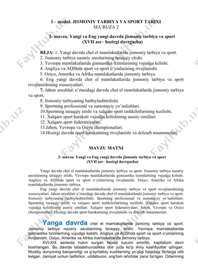 yangi va eng yangi davrda jismoniy tarbiya va sport — DOCX