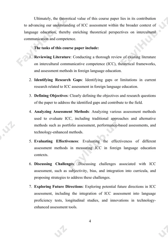 integration into curricula, and proposing strategies to address these challenges. 7. exploring future directions: exploring potential future directions in icc assessment, including the integration of icc assessment into language proficiency tests, longitudinal studies, and innovations in technology-enhanced assessment tools. 8. providing recommendations: providing recommendations for educators, policymakers, and researchers to enhance icc assessment practices in foreign language education. 9. drawing conclusions: drawing conclusions based on the findings of the paper and highlighting implications for theory, practice, and future research. 10. synthesizing insights: synthesizing insights from the literature review, analysis of assessment methods, and discussions of challenges and future directions to offer a comprehensive understanding of icc assessment in foreign language education. chapter i introduction to intercultural communicative competence 1.1 definition and importance of intercultural communicative competence intercultural communicative competence (icc) represents a multifaceted capability crucial for effective communication across cultural boundaries. at its core, icc embodies the ability to interact, …